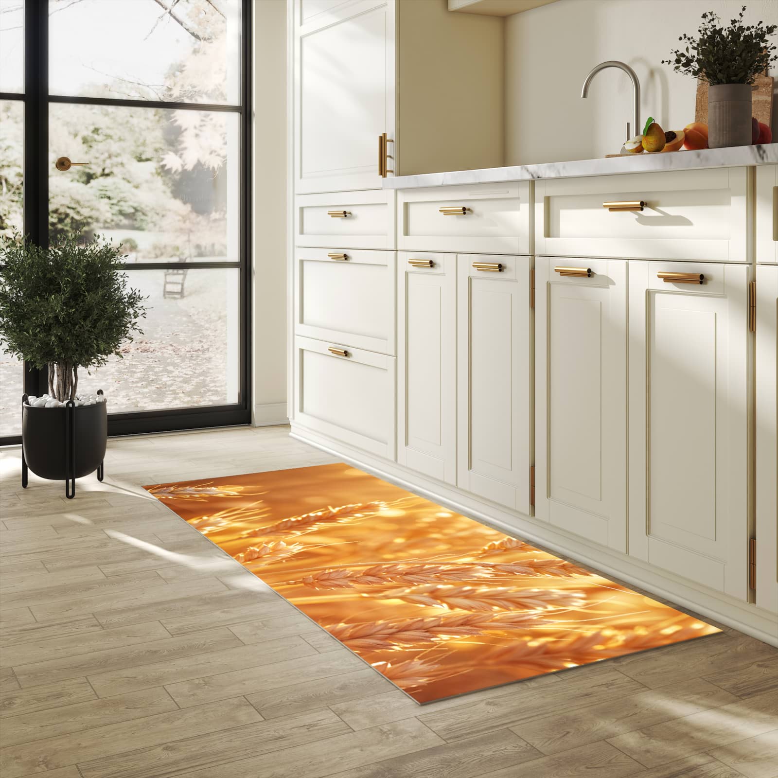 Küchenteppich mit Motiv Weizenfelder in heller Küche für sichere Aufbewahrung