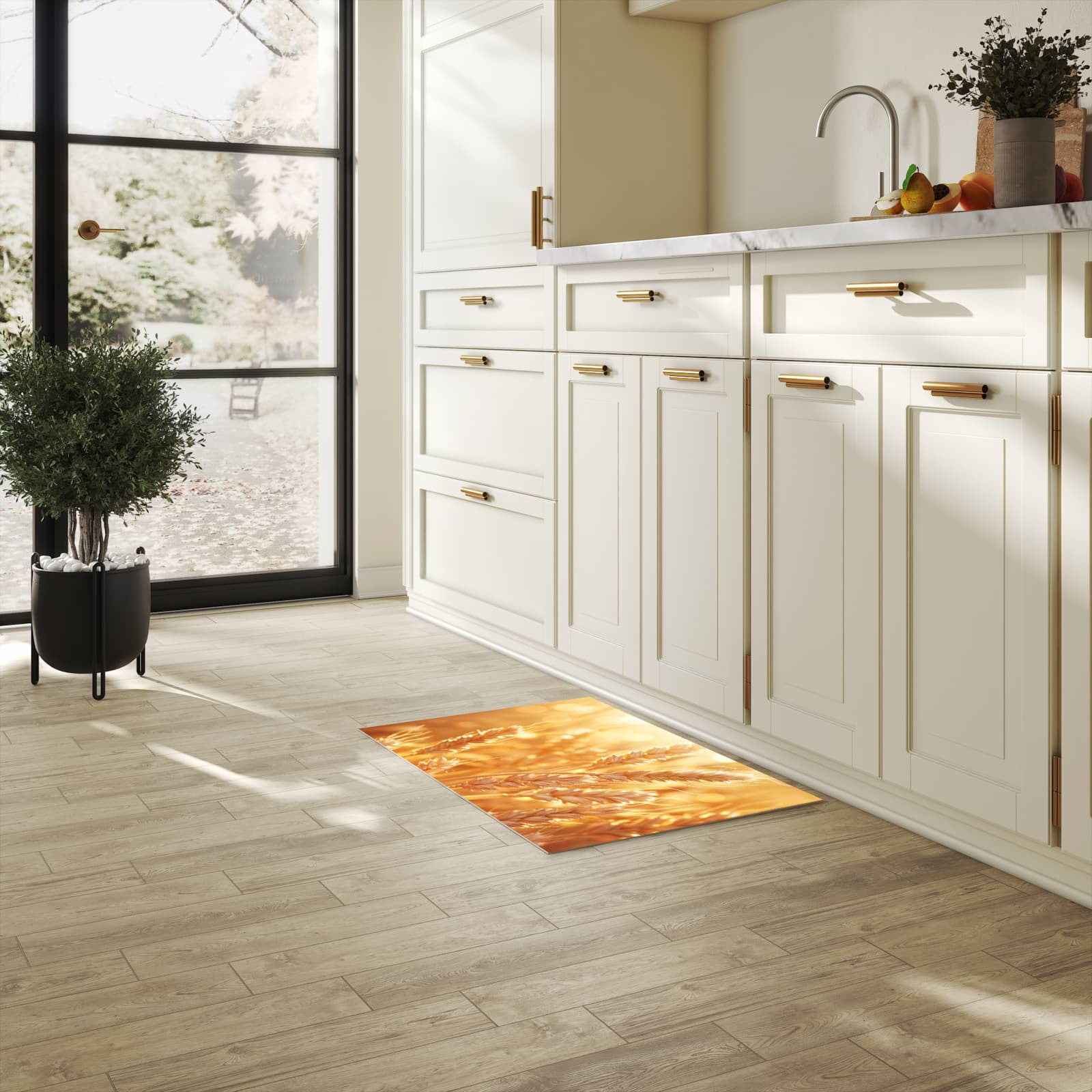 Formstabiler waschbarer Küchenteppich mit Motiv Weizenfelder in heller Küche