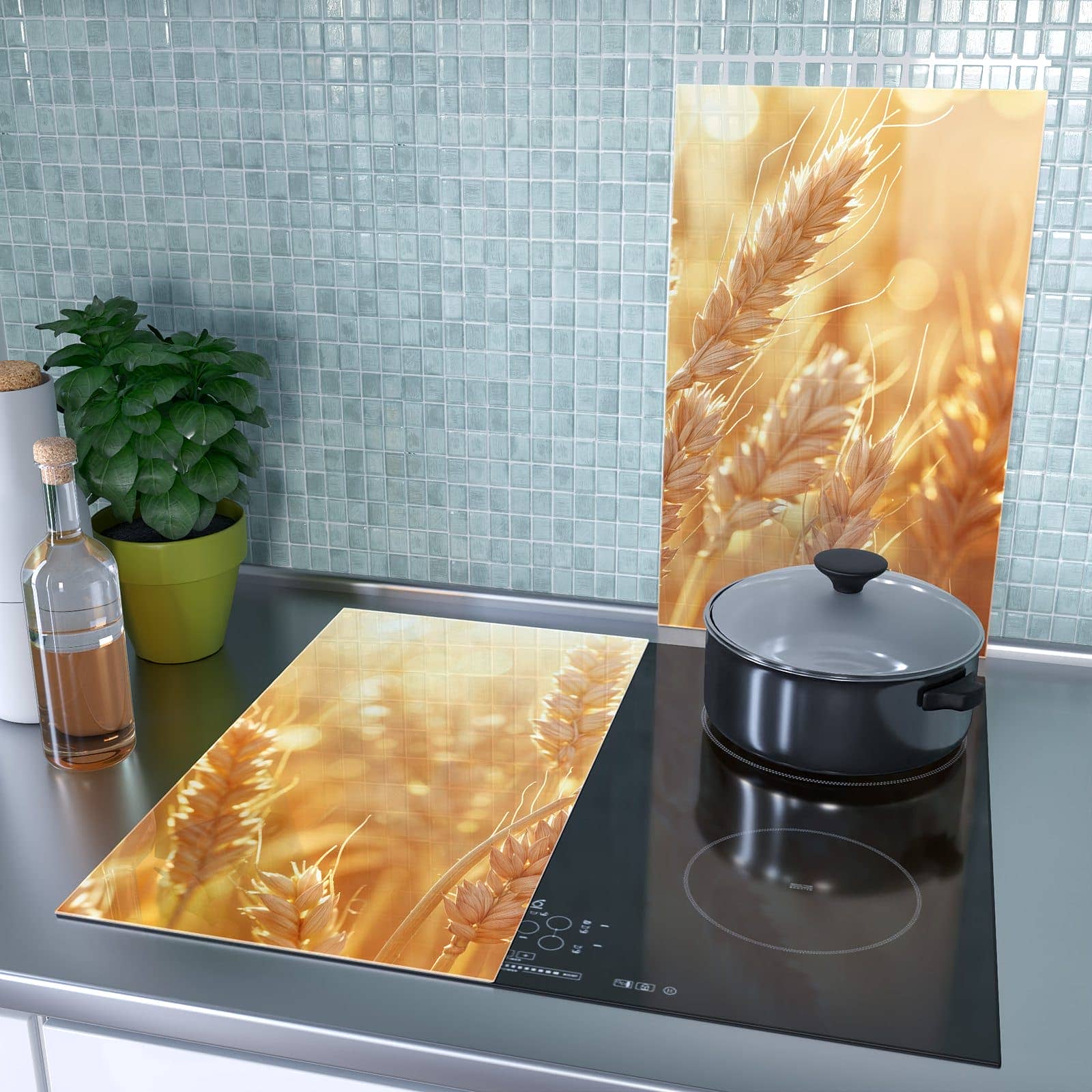 2-teilige Abdeckplatten mit Weizenfelder-Motiv als Spritzschutz hinter dem Kochfeld