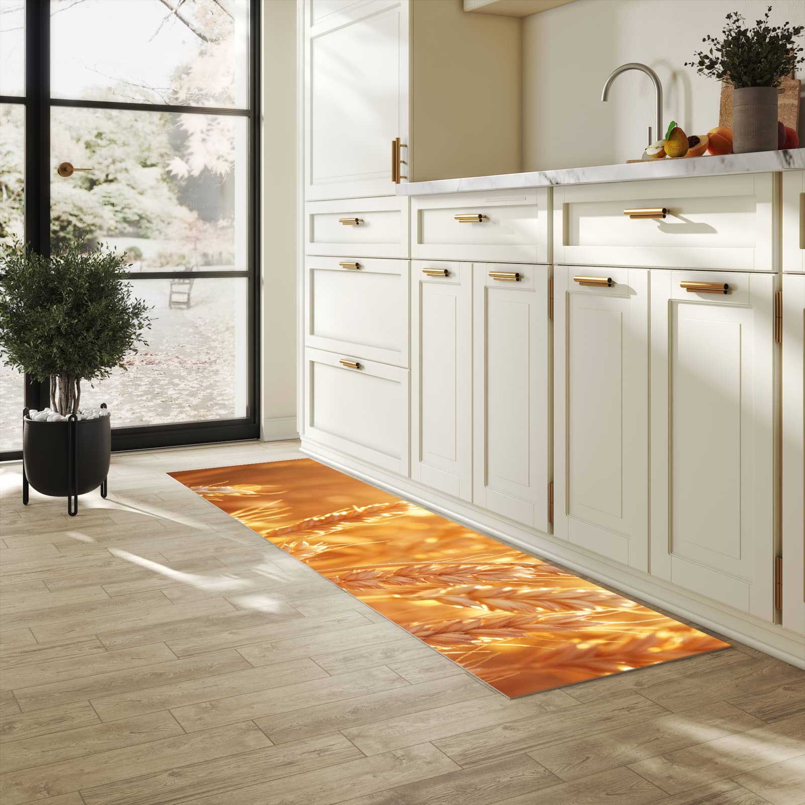 Waschbarer Küchenteppich mit Motiv Weizenfelder für Ordnung in heller Küche
