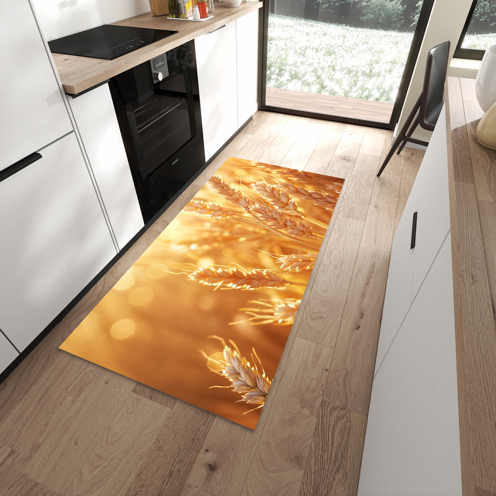 Abriebfester rutschfester Küchenläufer mit Motiv Weizenfelder in moderner Küche