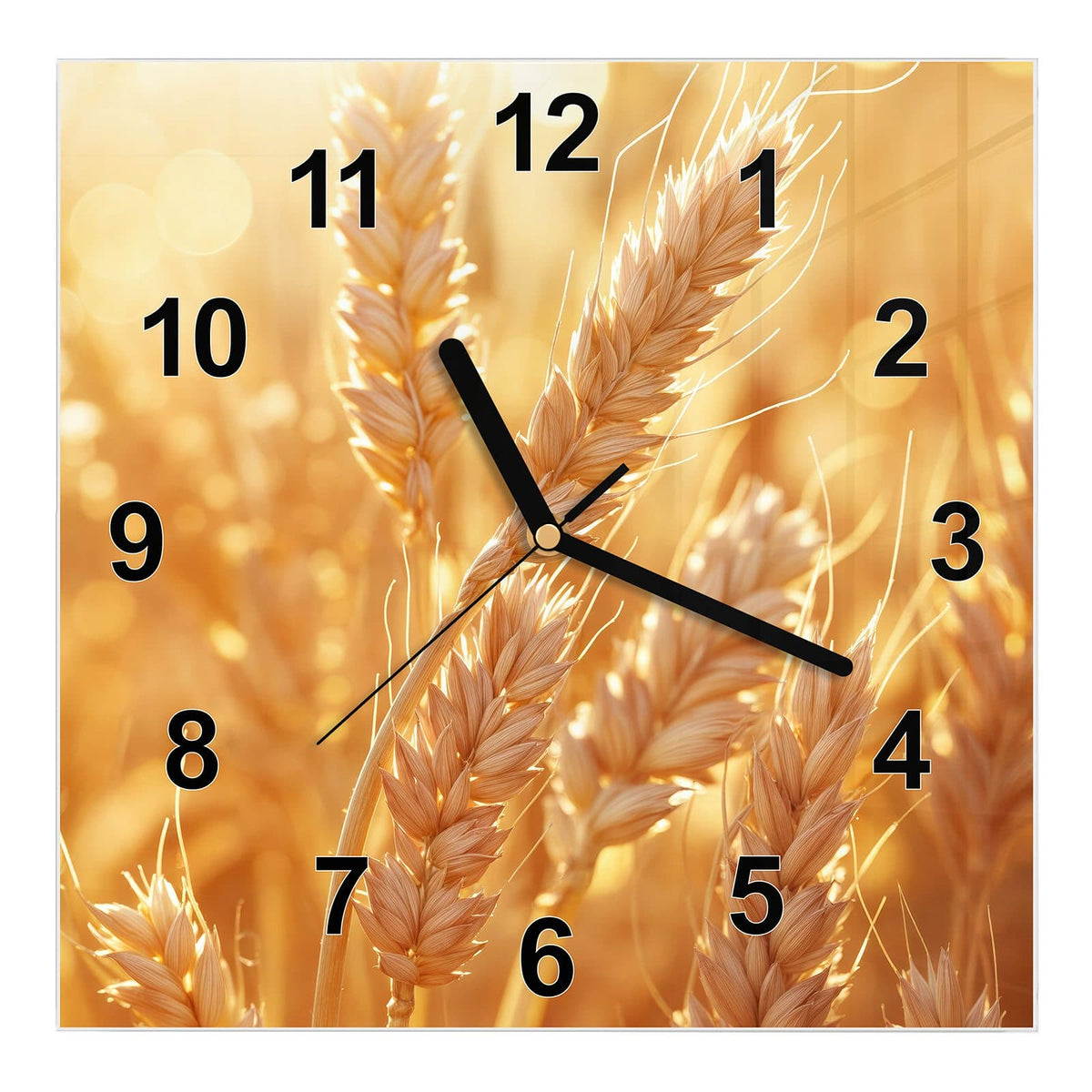 Wanduhr aus Glas, Ziffernblatt Modern: Reife Weizenähren in Nahaufnahme vor goldenem Bokeh #ziffernblatt_Modern