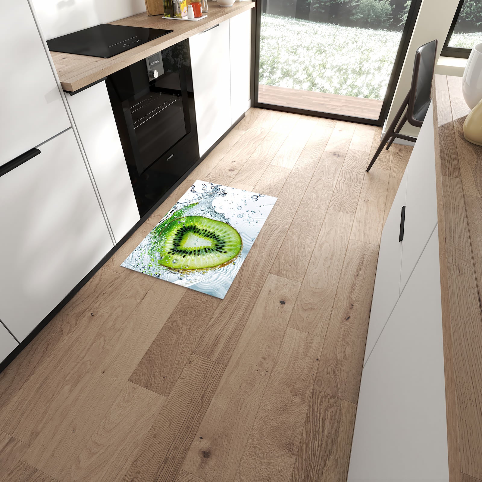Flacher Küchenläufer mit Motiv Kiwi im Wasser in moderner Küche