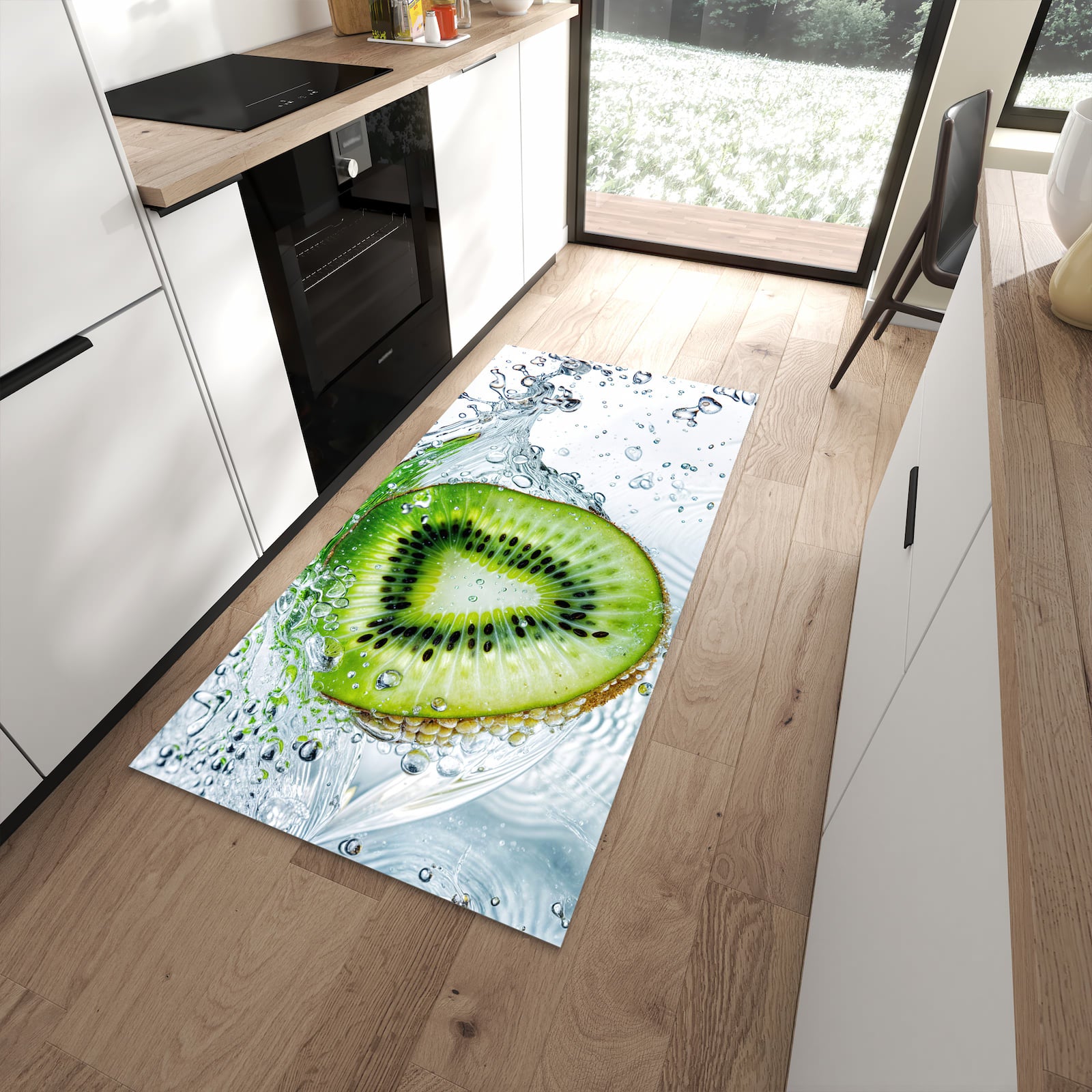 Strapazierfähiger Küchenteppich mit Motiv Kiwi im Wasser in moderner Küche