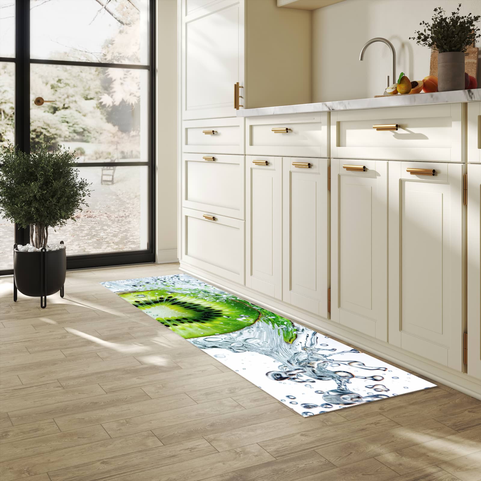 Flacher rutschfester Küchenteppich mit Motiv Kiwi im Wasser in heller Küche