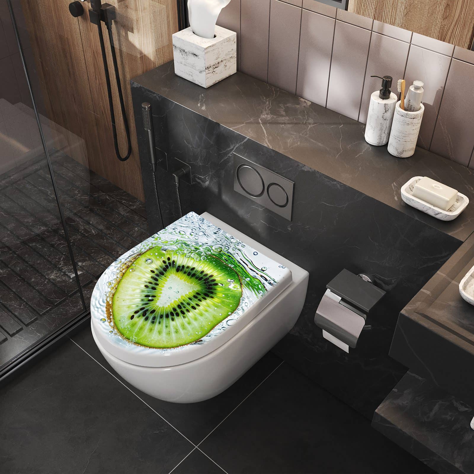 WC-Sitz mit Absenkautomatik Kiwi im Wasser