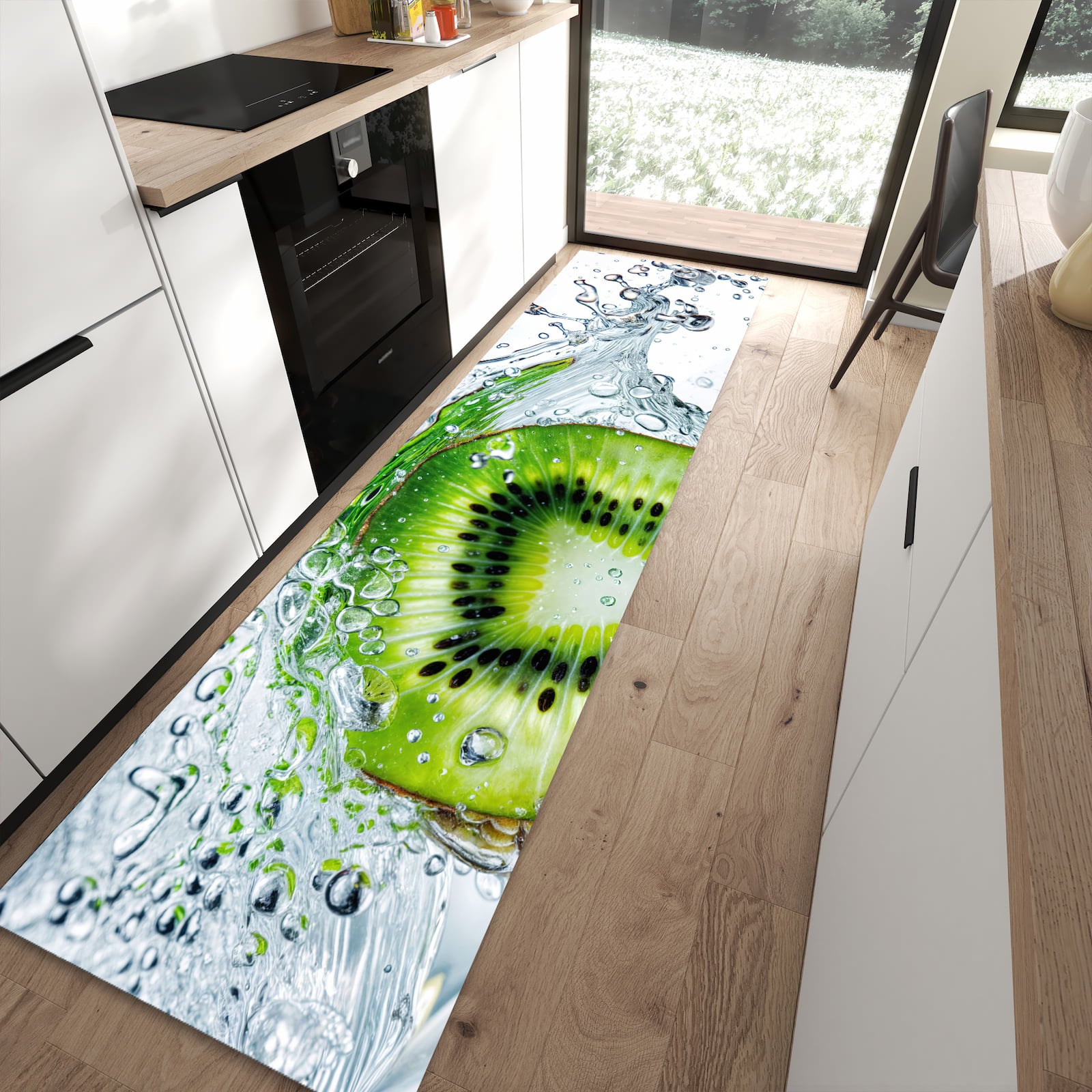 Hygienischer rutschfester Küchenteppich mit Motiv Kiwi im Wasser in moderner Küche