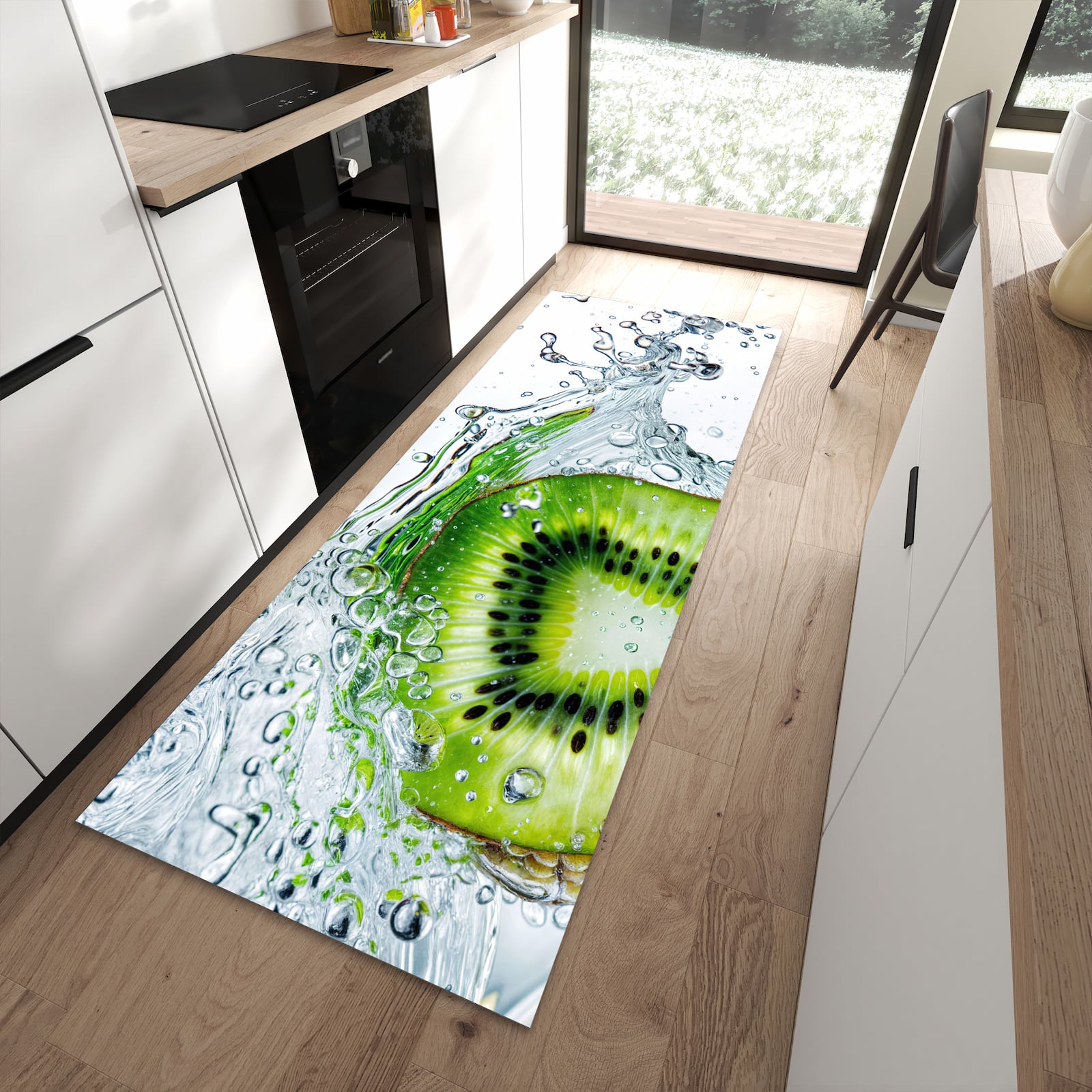 Waschbarer Küchenteppich mit Motiv Kiwi im Wasser in moderner Küche