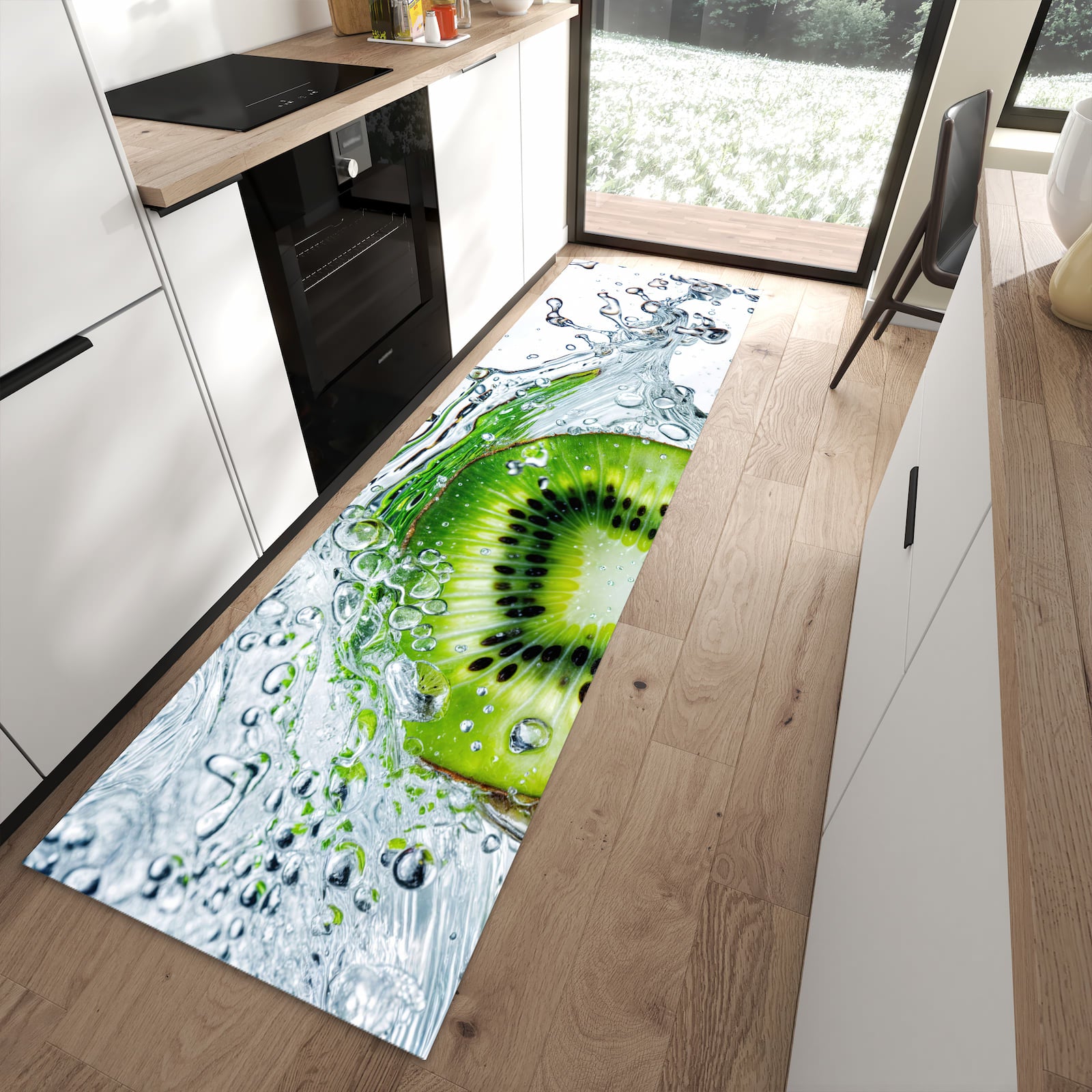 Komfortabler Küchenteppich mit Motiv Kiwi im Wasser in moderner Küche