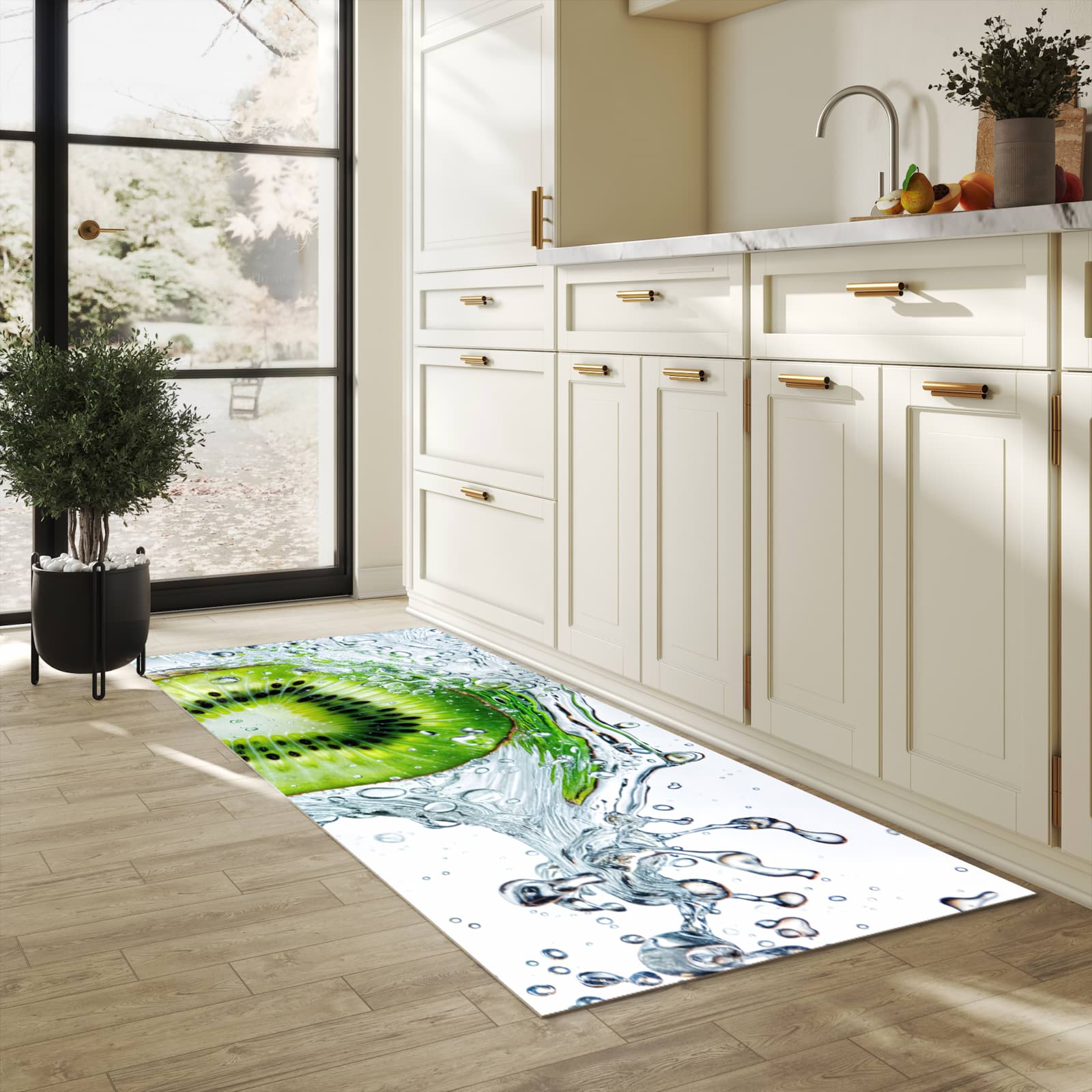 Langlebiger Küchenläufer mit Motiv Kiwi im Wasser in heller Küche