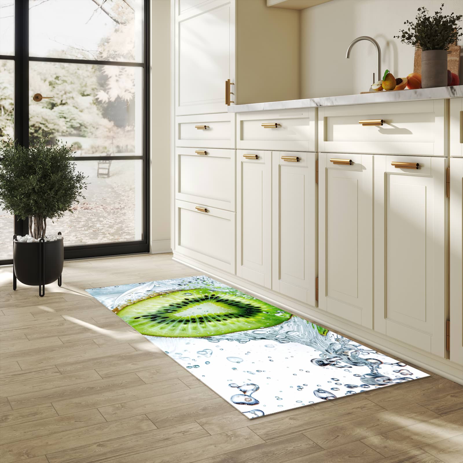 Pflegeleichter rutschfester Küchenteppich mit Motiv Kiwi im Wasser in heller Küche