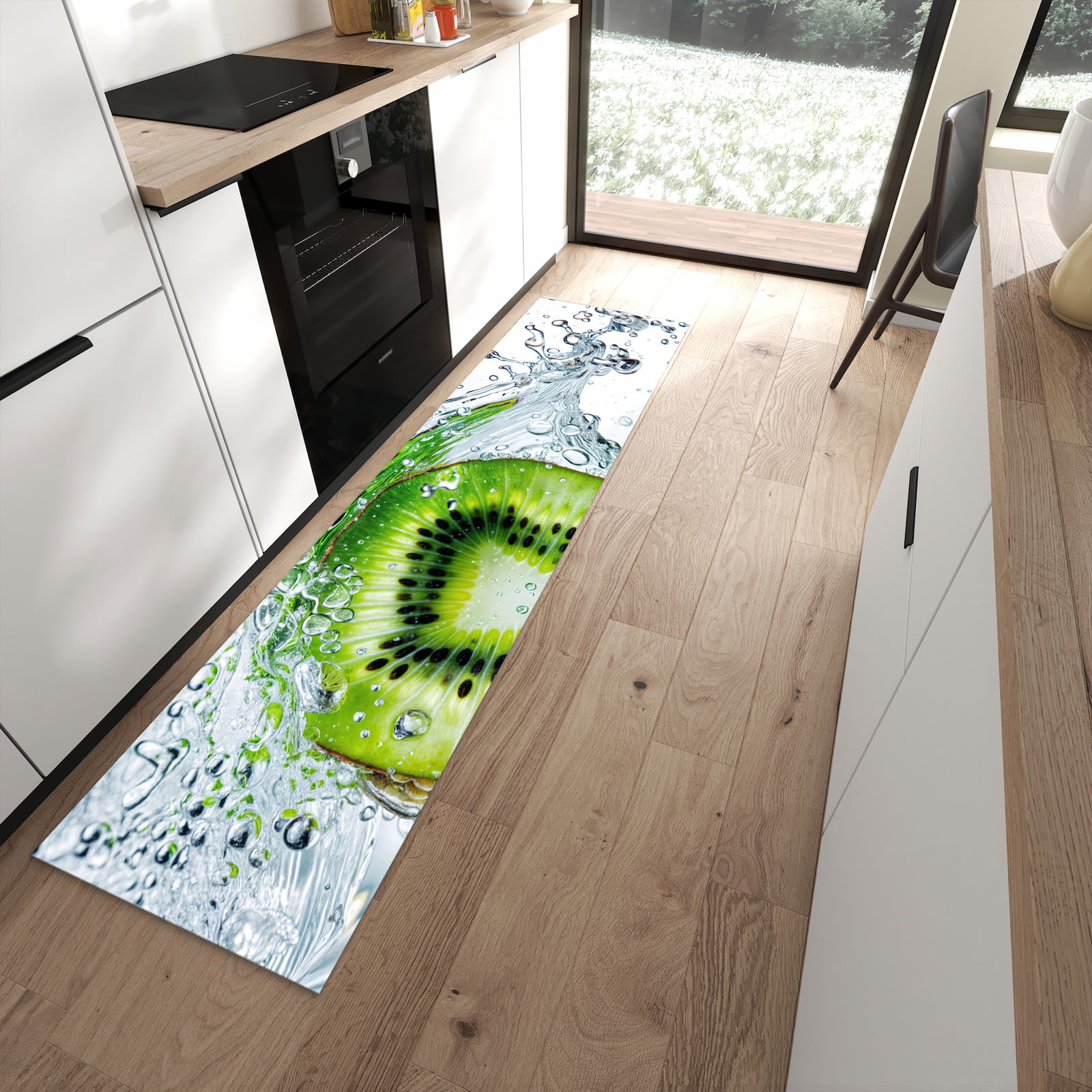Schmutzabweisender Küchenteppich mit Motiv Kiwi im Wasser in moderner Küche