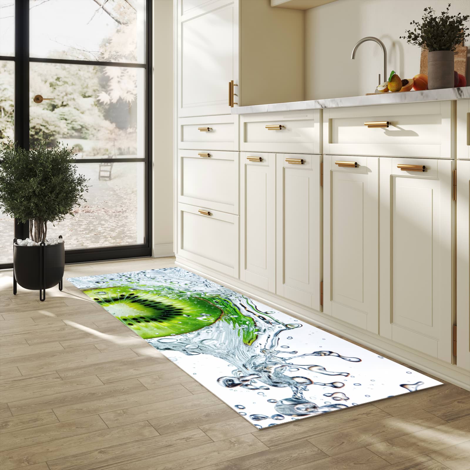 Bodenläufer mit Motiv Kiwi im Wasser für angenehme Haptik in heller Küche