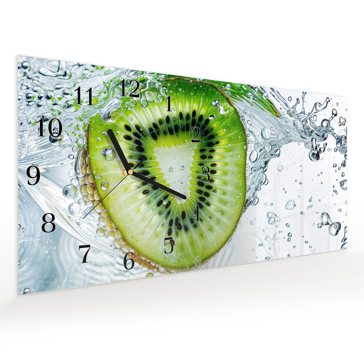 Vormontiert – mit Schwebeeffekt – Wanduhr Kiwi im Wasser aus Glas – Querformat 60 × 30 cm