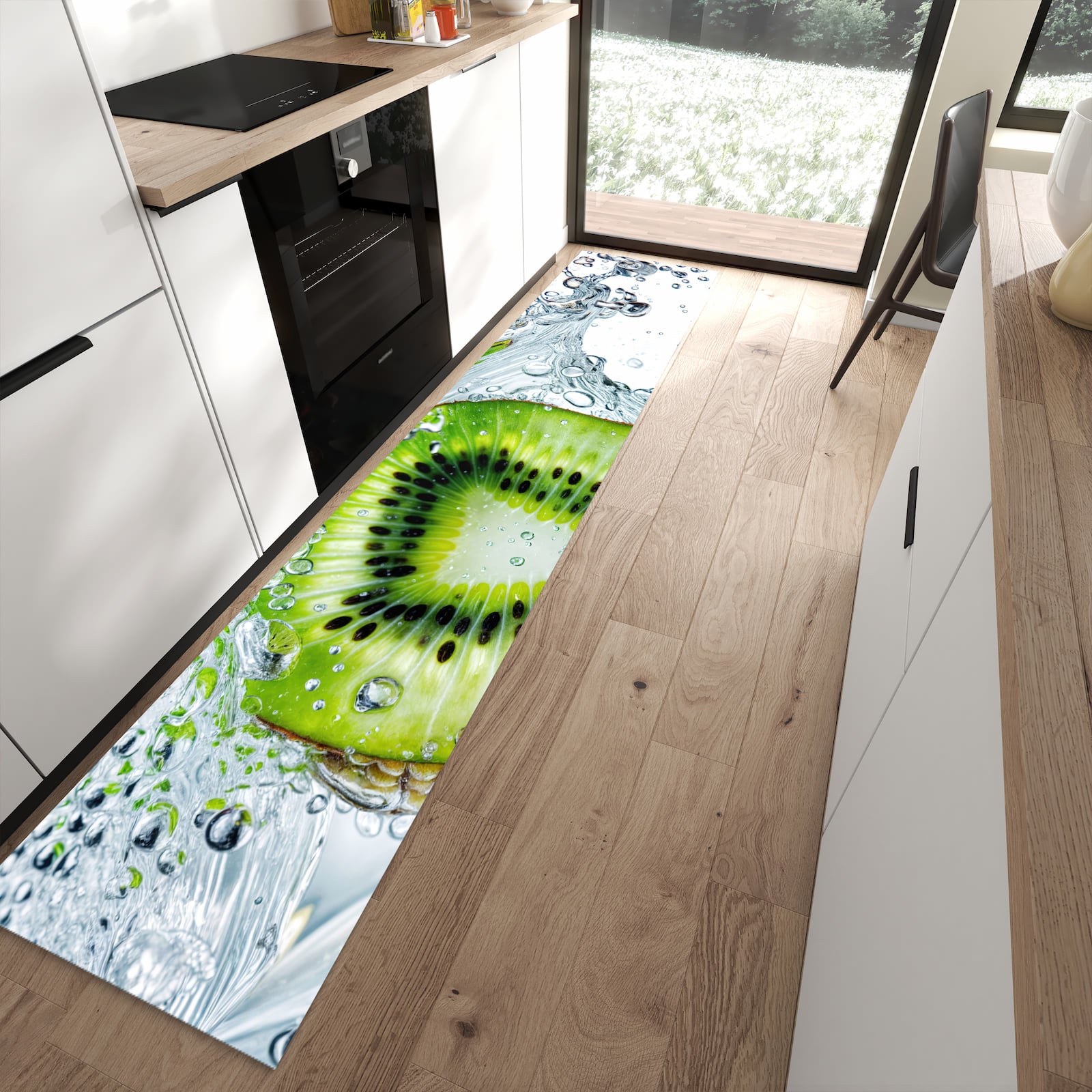 Langlebiger Küchenläufer mit Motiv Kiwi im Wasser in moderner Küche