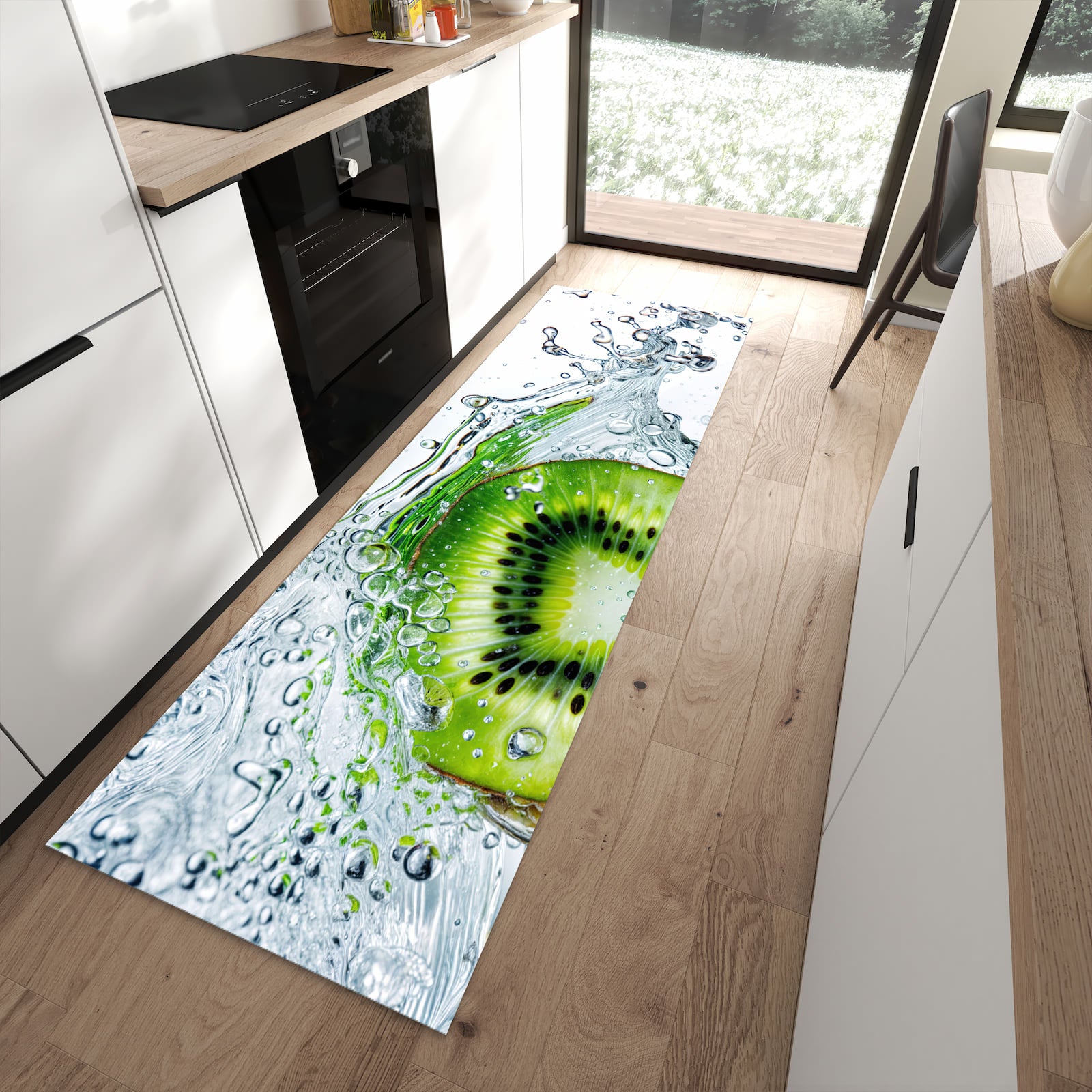Waschbarer Küchenteppich mit Motiv Kiwi im Wasser in moderner Küche