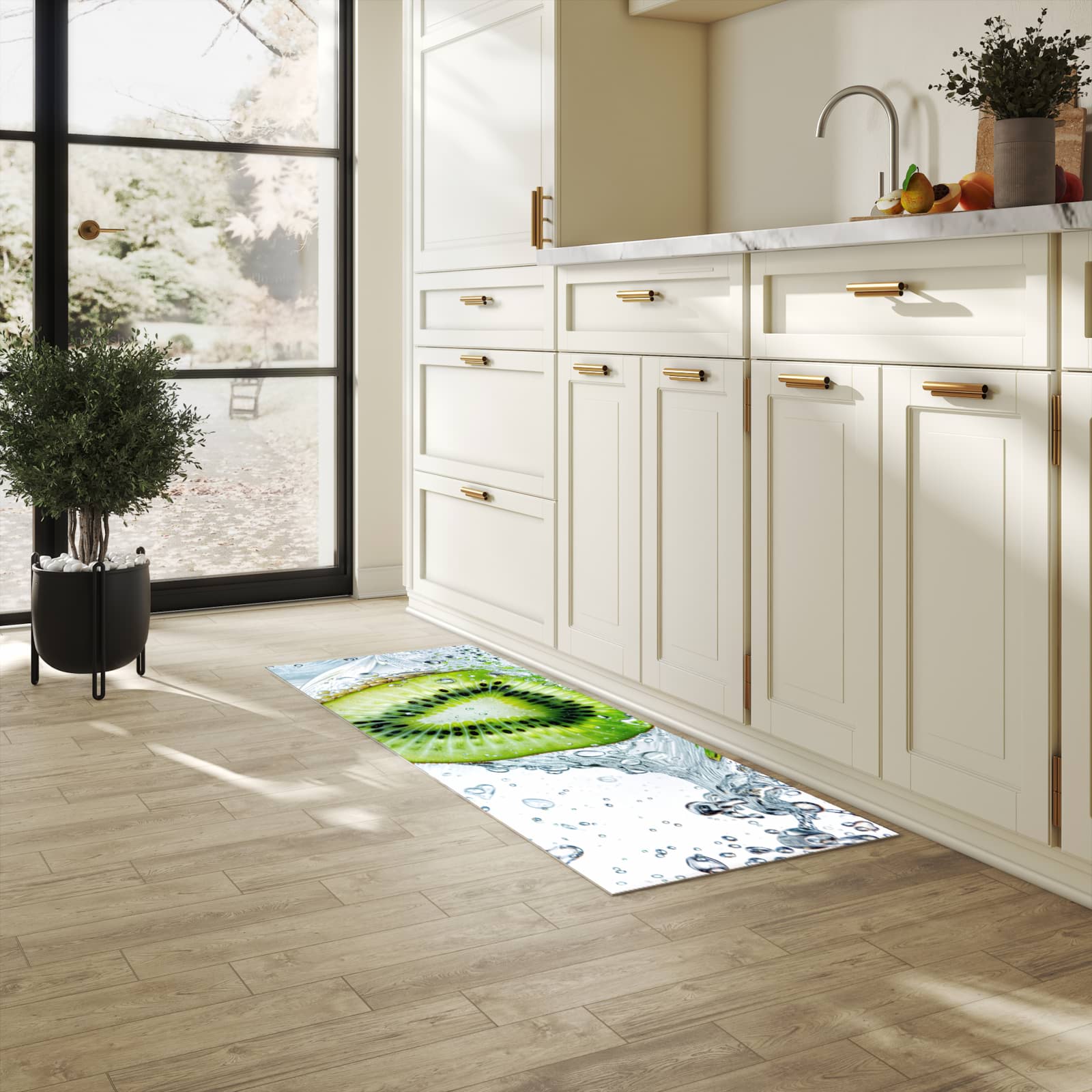 Langlebiger dünner Küchenteppich mit Motiv Kiwi im Wasser in heller Küche