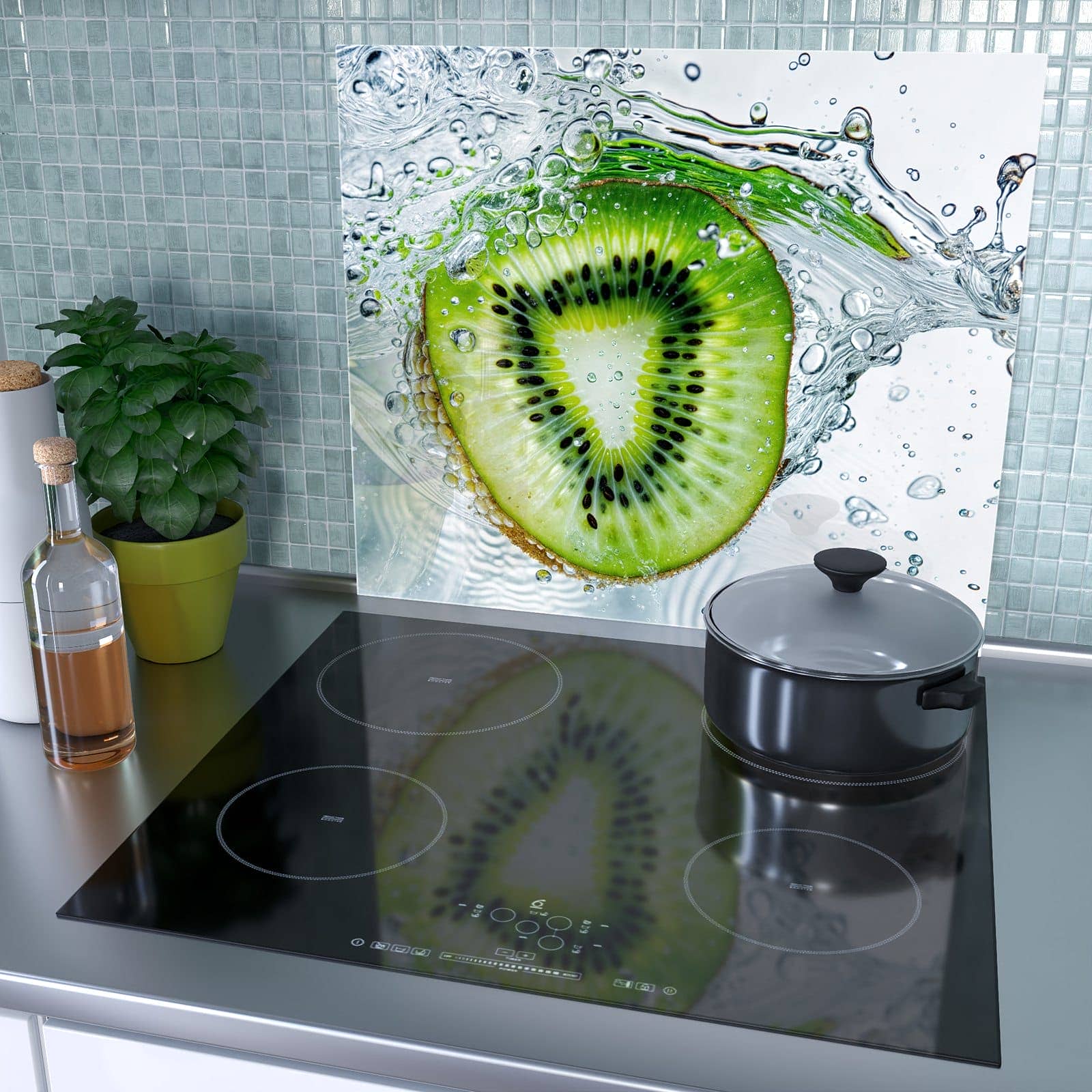 1-teilige Herdabdeckplatte für Ceranfeld mit Kiwi im Wasser-Motiv als Spritzschutz