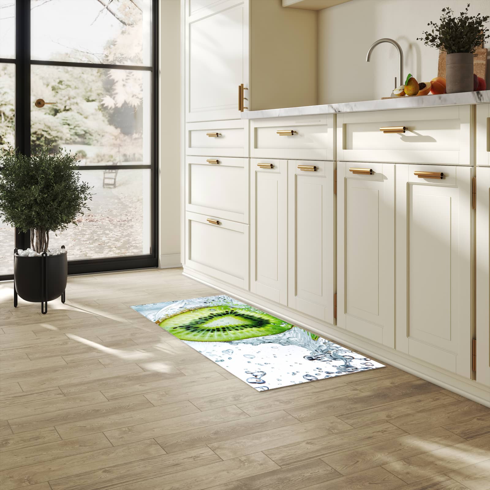 Geruchsneutraler rutschfester Läufer mit Motiv Kiwi im Wasser in heller Küche
