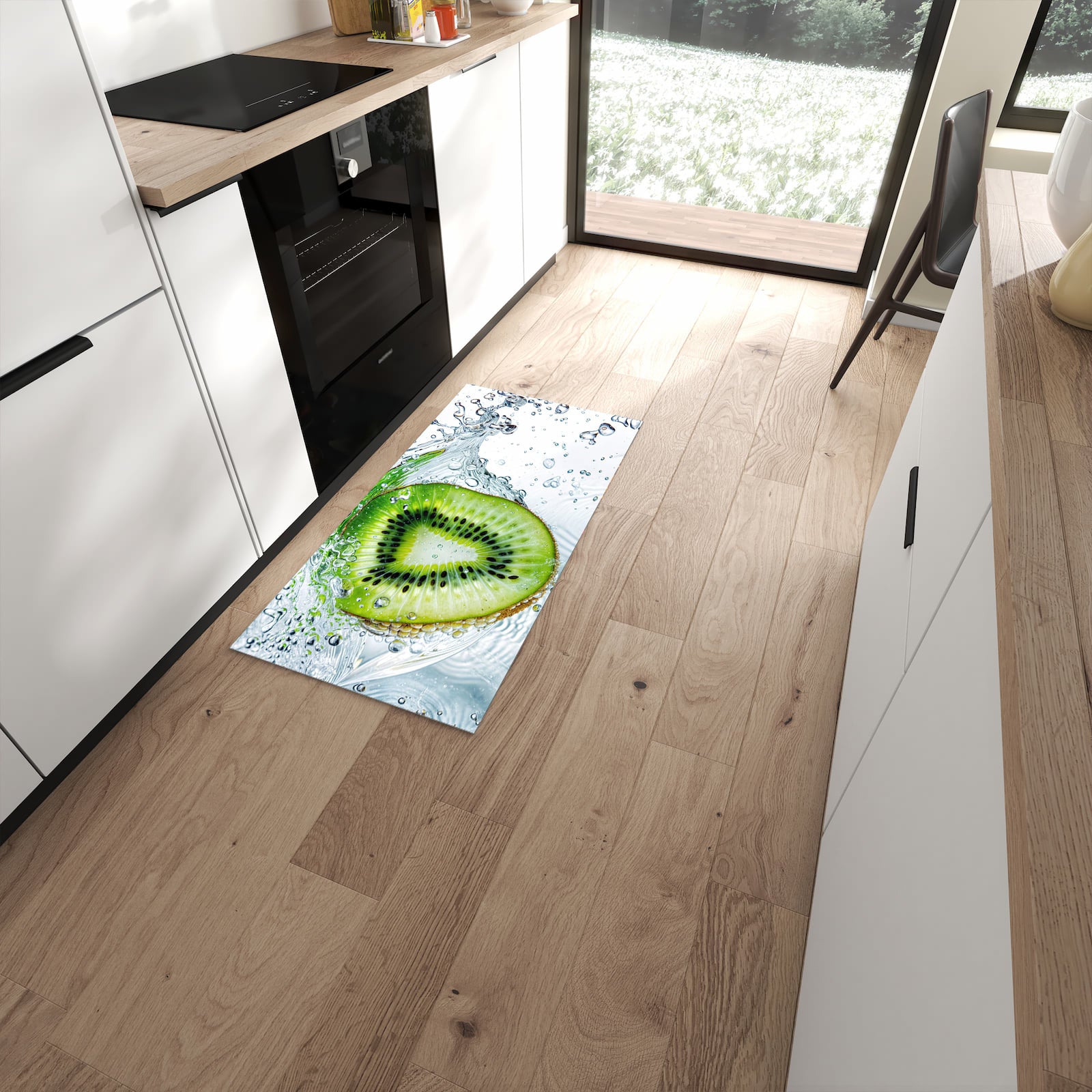 Komfortabler Küchenteppich mit Motiv Kiwi im Wasser in moderner Küche #grösse_60 x 120 cm