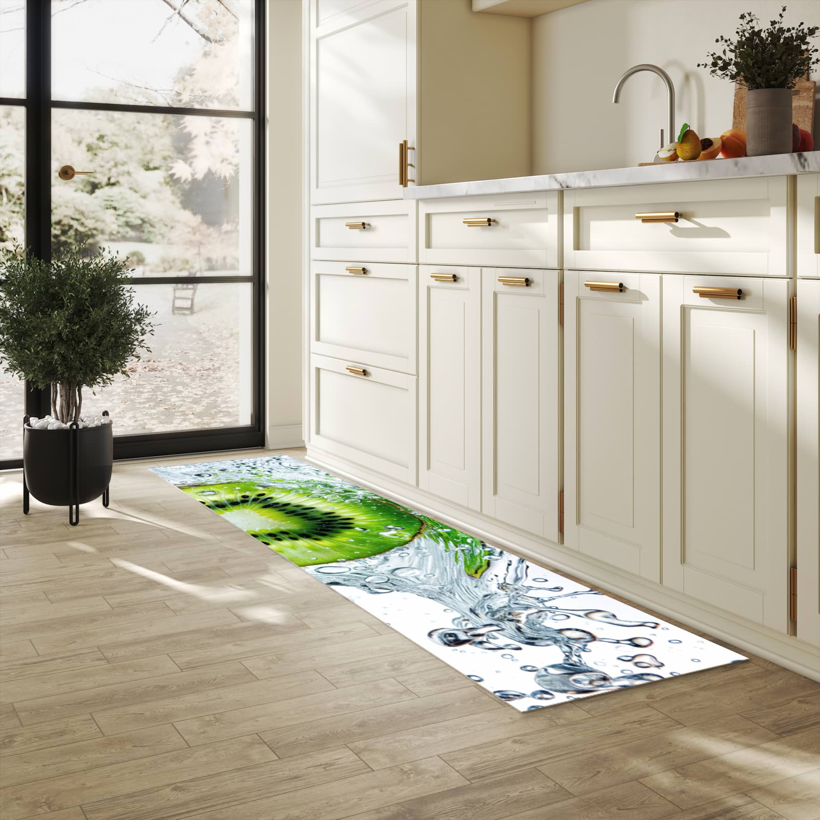 Pflegeleichter dünner Küchenteppich mit Motiv Kiwi im Wasser in heller Küche