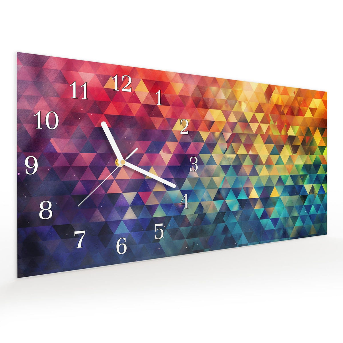 Vormontiert – mit Schwebeeffekt – Wanduhr Bunte Dreiecke aus Glas – Querformat 60 × 30 cm