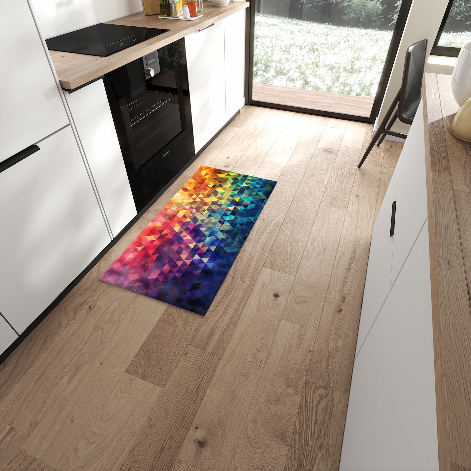 Langlebiger rutschfester Küchenläufer mit Motiv Bunte Dreiecke in moderner Küche #grösse_60 x 120 cm