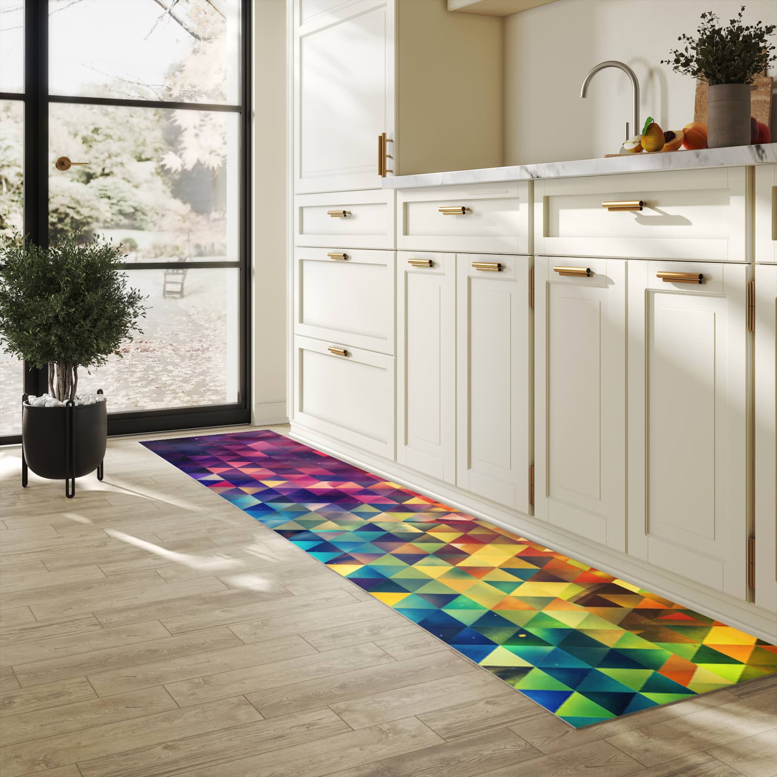 Küchenvorleger mit Motiv Bunte Dreiecke in heller Küche für sichere Aufbewahrung