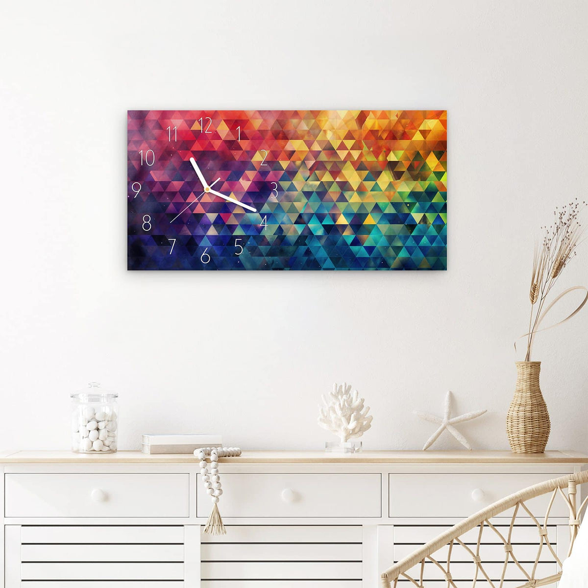 Wanduhr Bunte Dreiecke aus Glas – Querformat 60 × 30 cm – Kaleidoskop aus bunten Dreiecken
