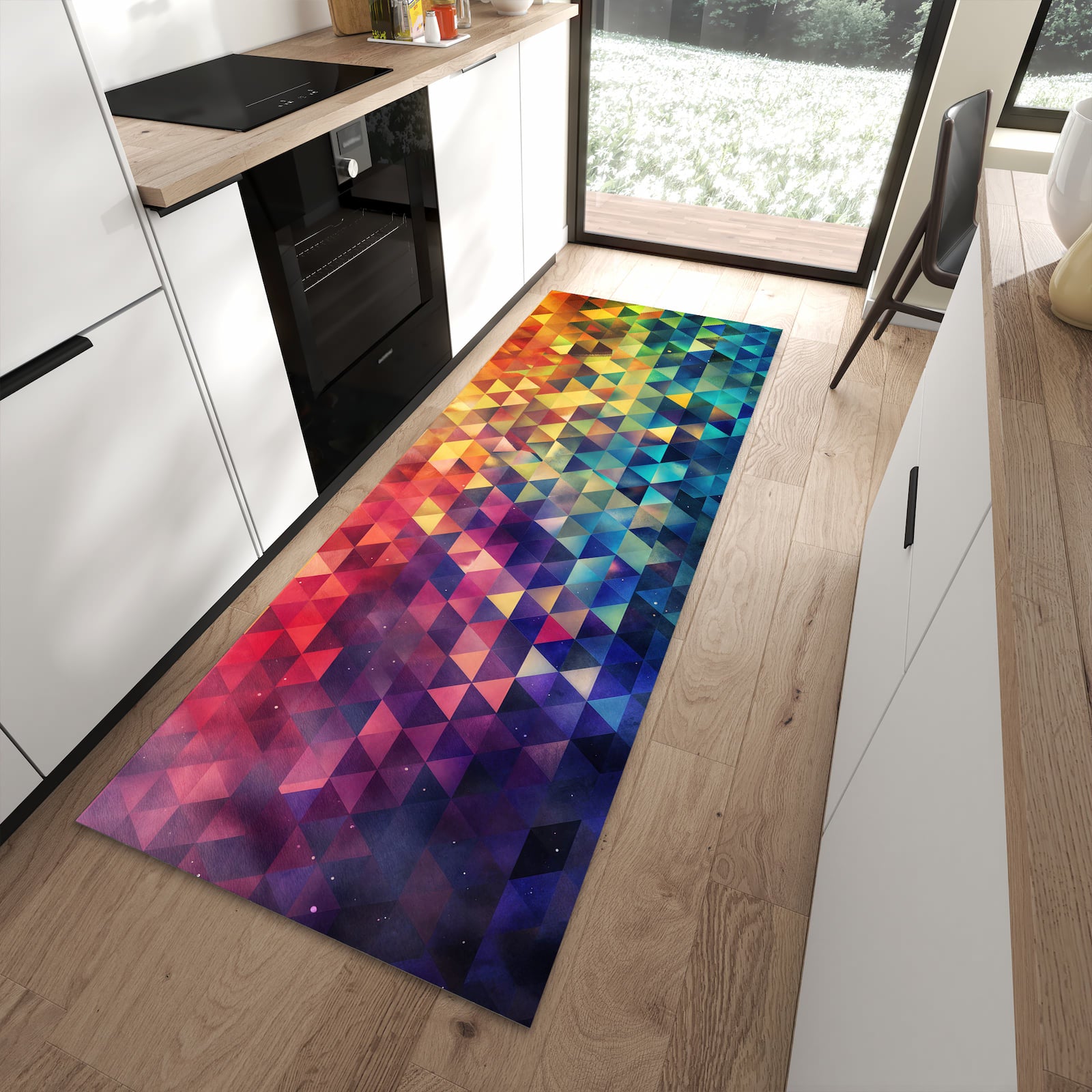 UV-beständiger Teppich für Küche mit Motiv Bunte Dreiecke in moderner Küche
