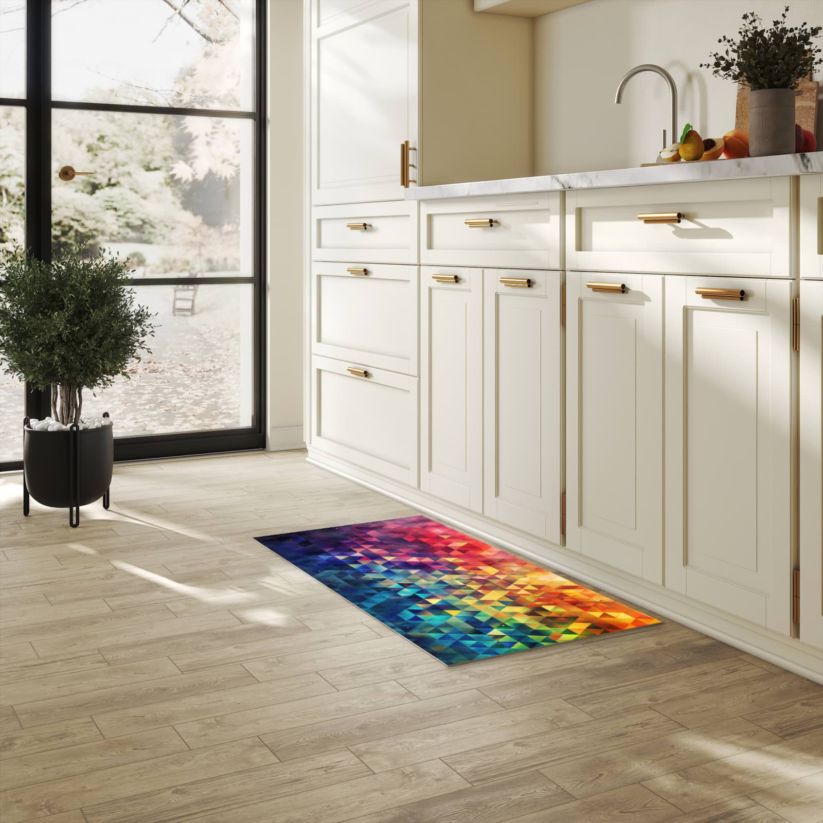 Bodenschonender Küchenteppich mit Motiv Bunte Dreiecke in heller Küche