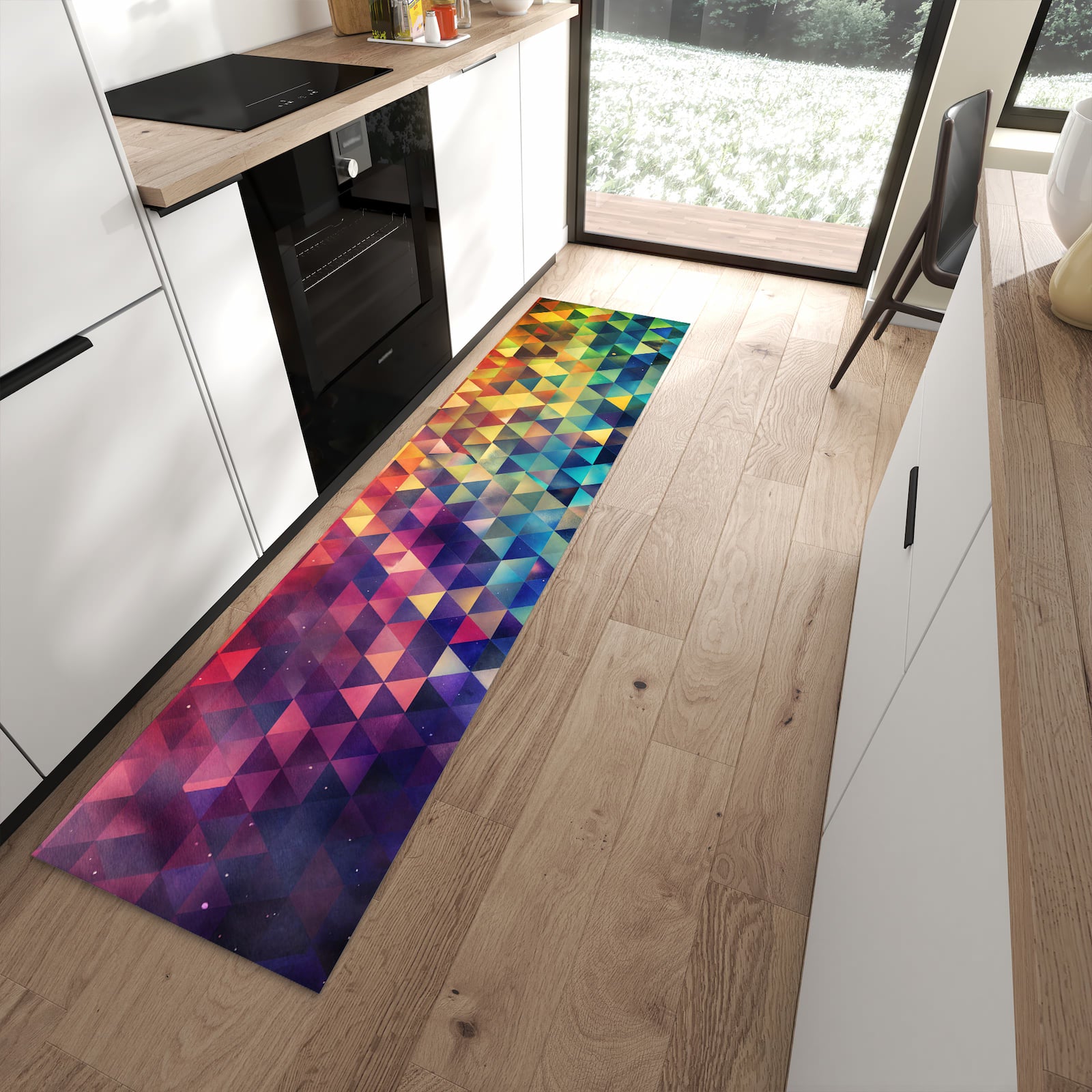 Bodenschonender rutschfester Küchenläufer mit Motiv Bunte Dreiecke in moderner Küche
