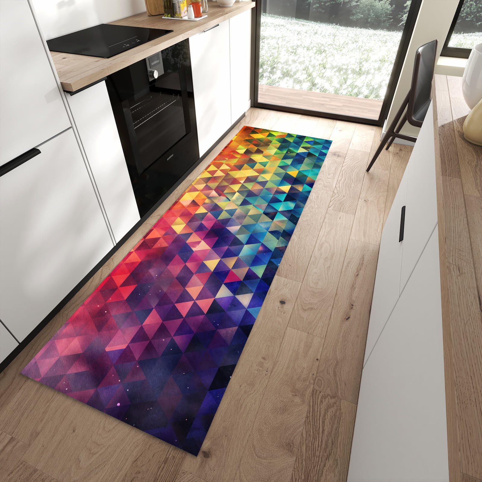 Abwaschbarer Küchenläufer mit Motiv Bunte Dreiecke in moderner Küche