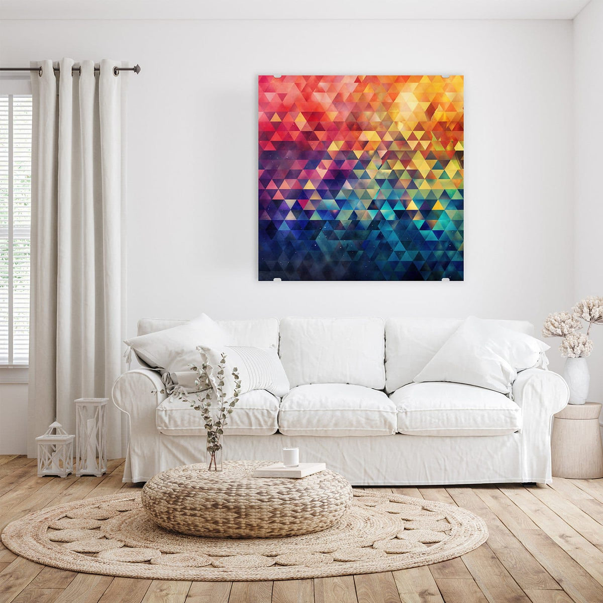 Glasbild Bunte Dreiecke an der Wand – Raster aus bunten Dreiecken, Verlauf von Rot-Orange oben zu Blau unten