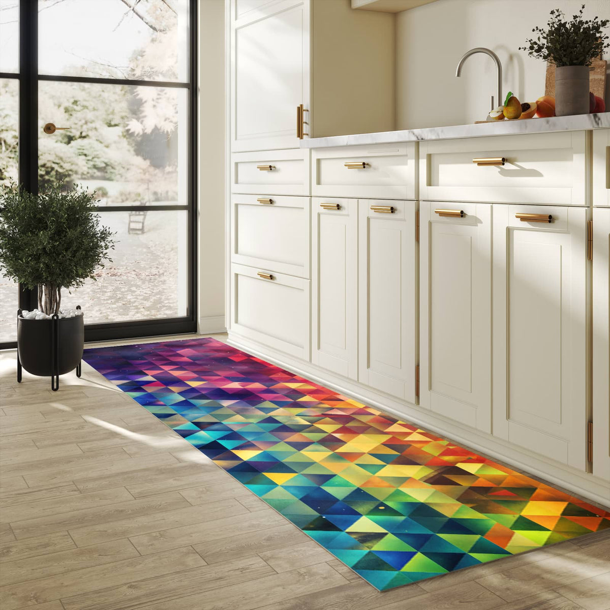 Waschbarer Küchenläufer mit Motiv Bunte Dreiecke für Trittkomfort in heller Küche