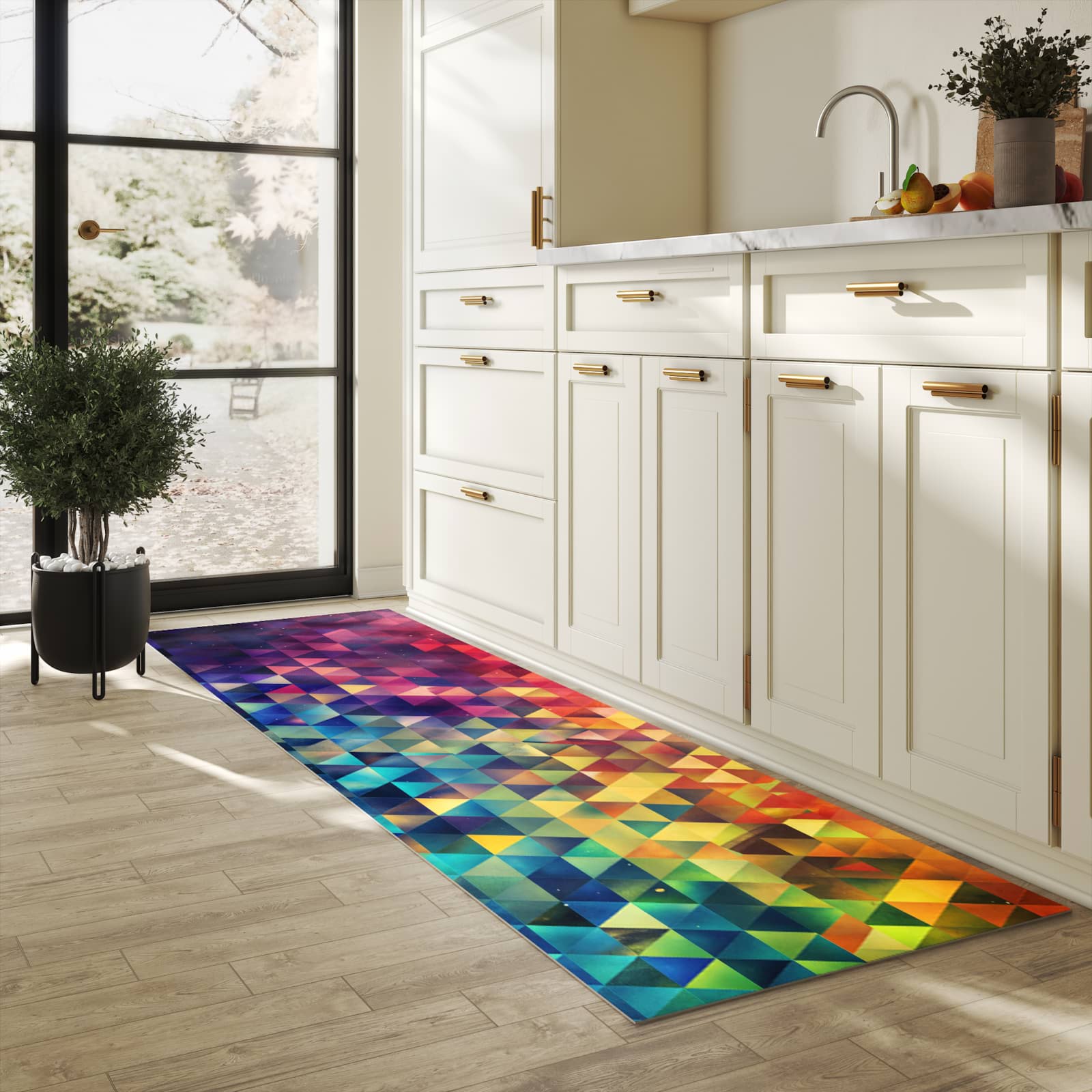 UV-beständiger Teppichläufer mit Motiv Bunte Dreiecke in heller Küche