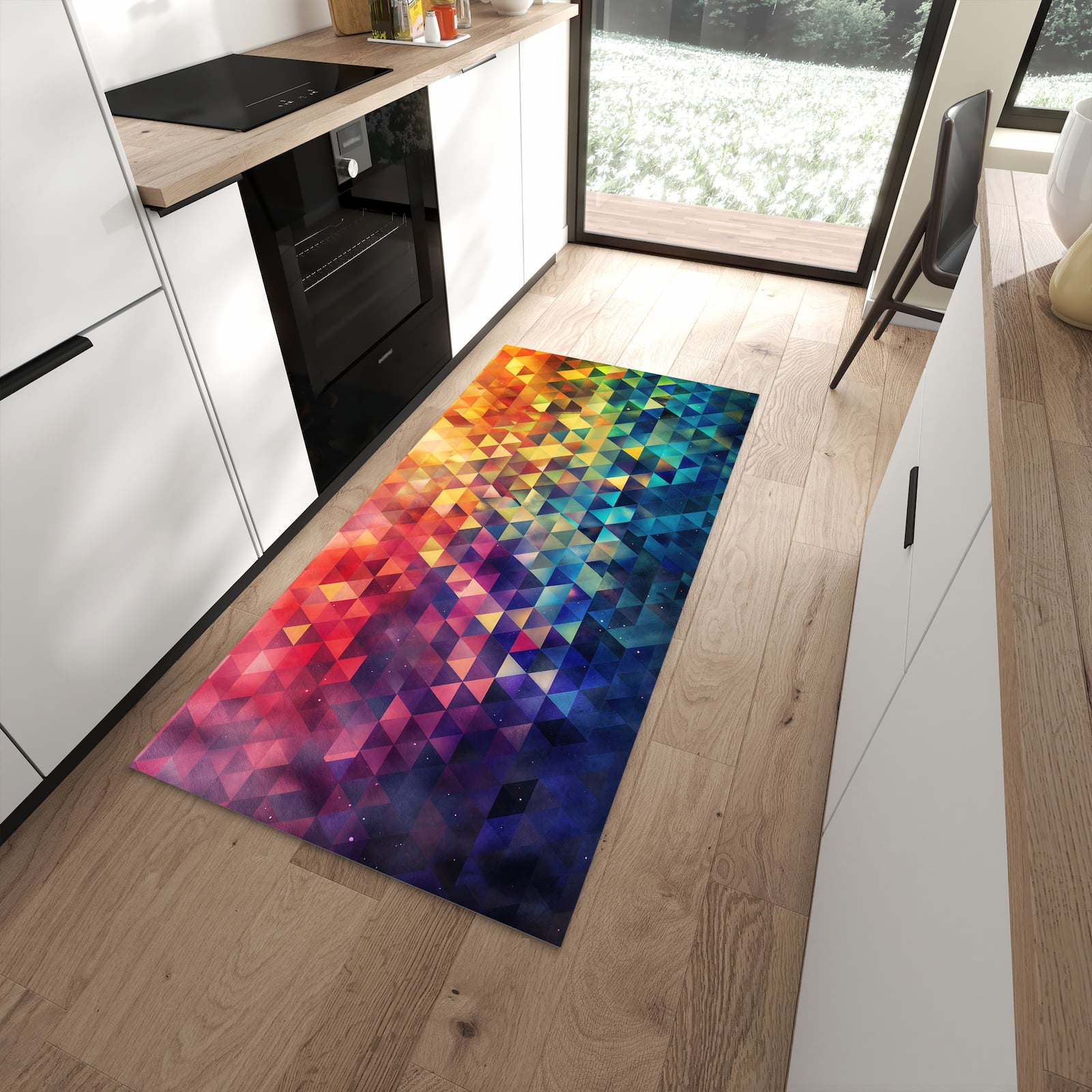 Abriebfester Küchenteppich mit Motiv Bunte Dreiecke in moderner Küche