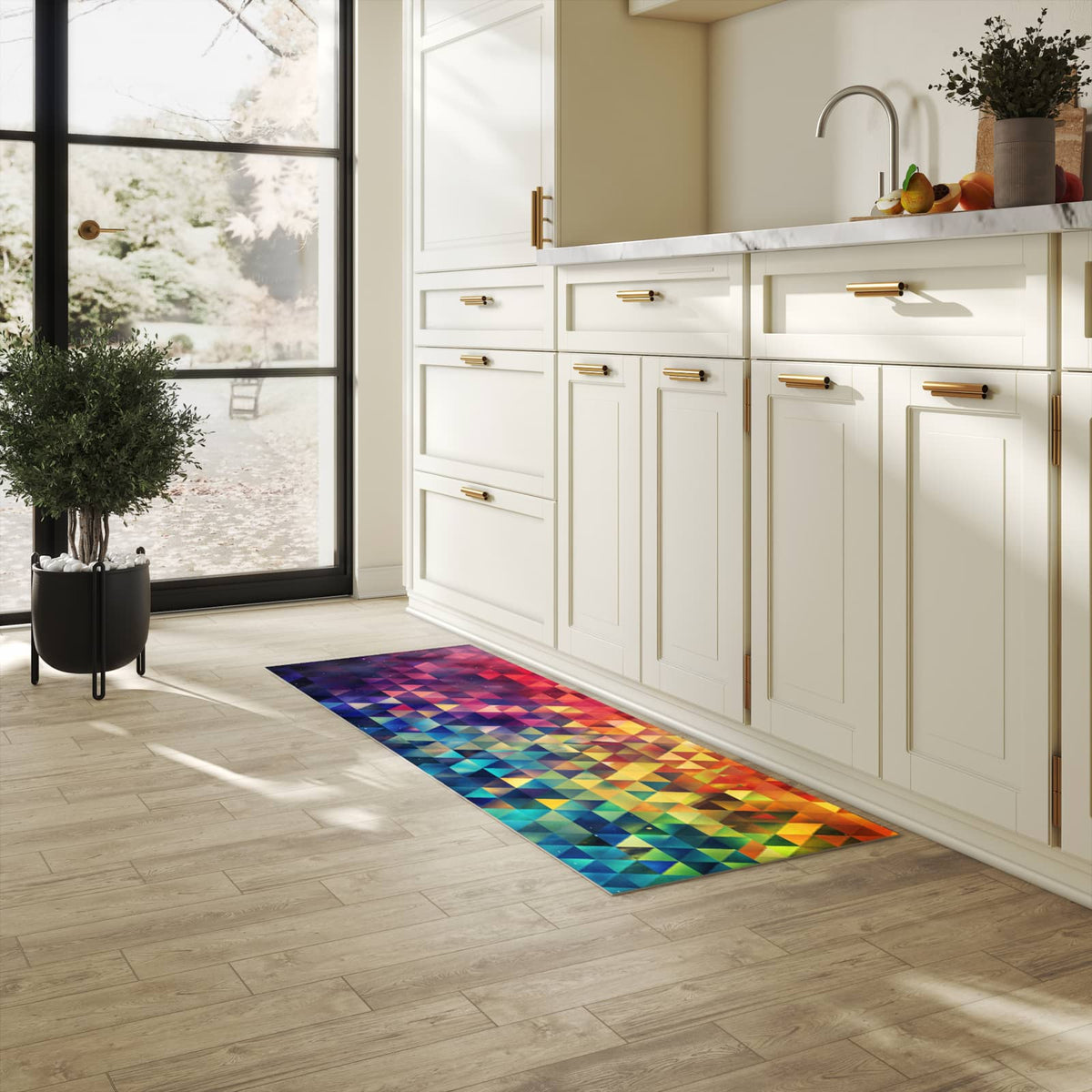 Bodenschonender Läufer für die Küche mit Motiv Bunte Dreiecke in heller Küche