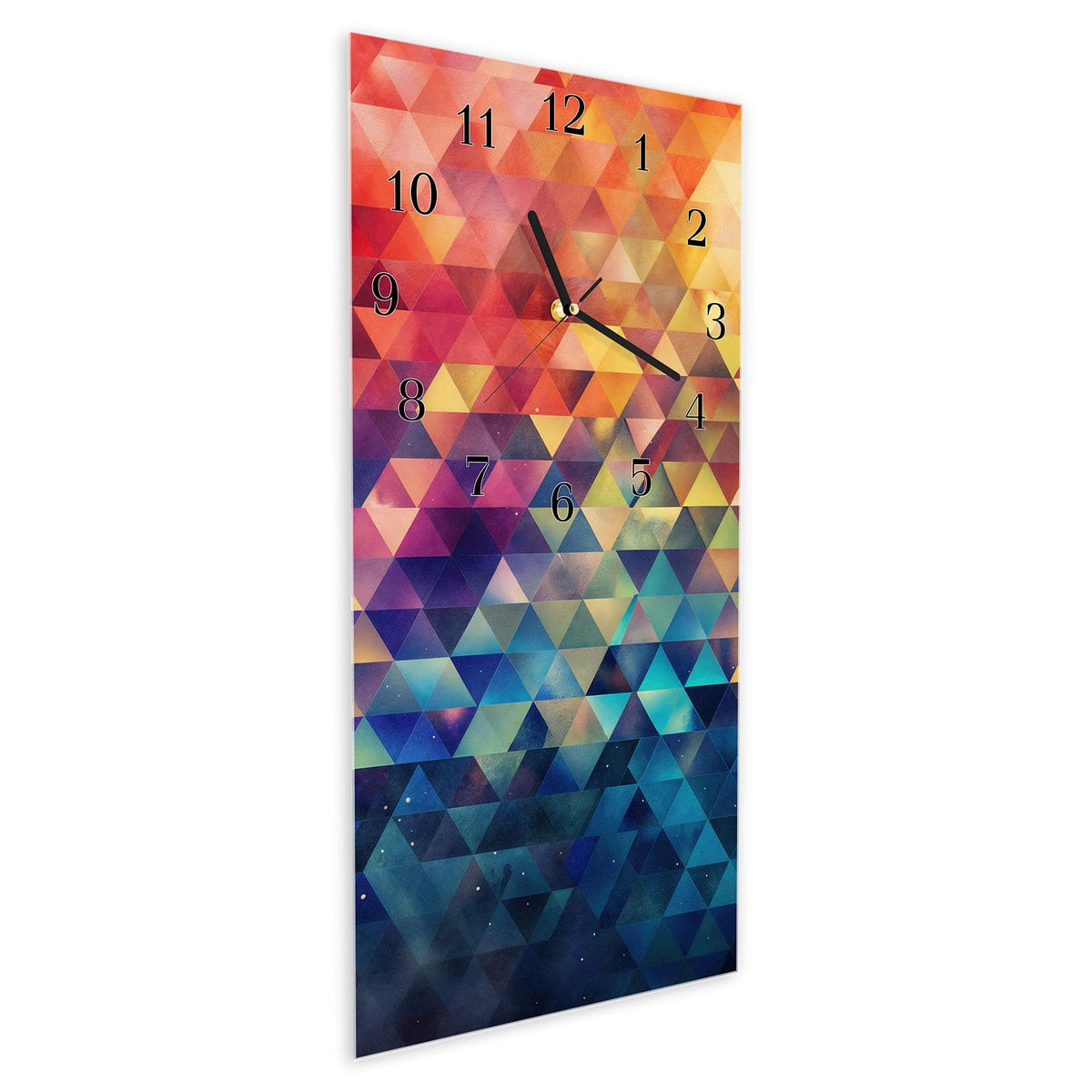 Vormontiert – mit Schwebeeffekt – Wanduhr Bunte Dreiecke aus Glas – Hochformat 30 × 60 cm