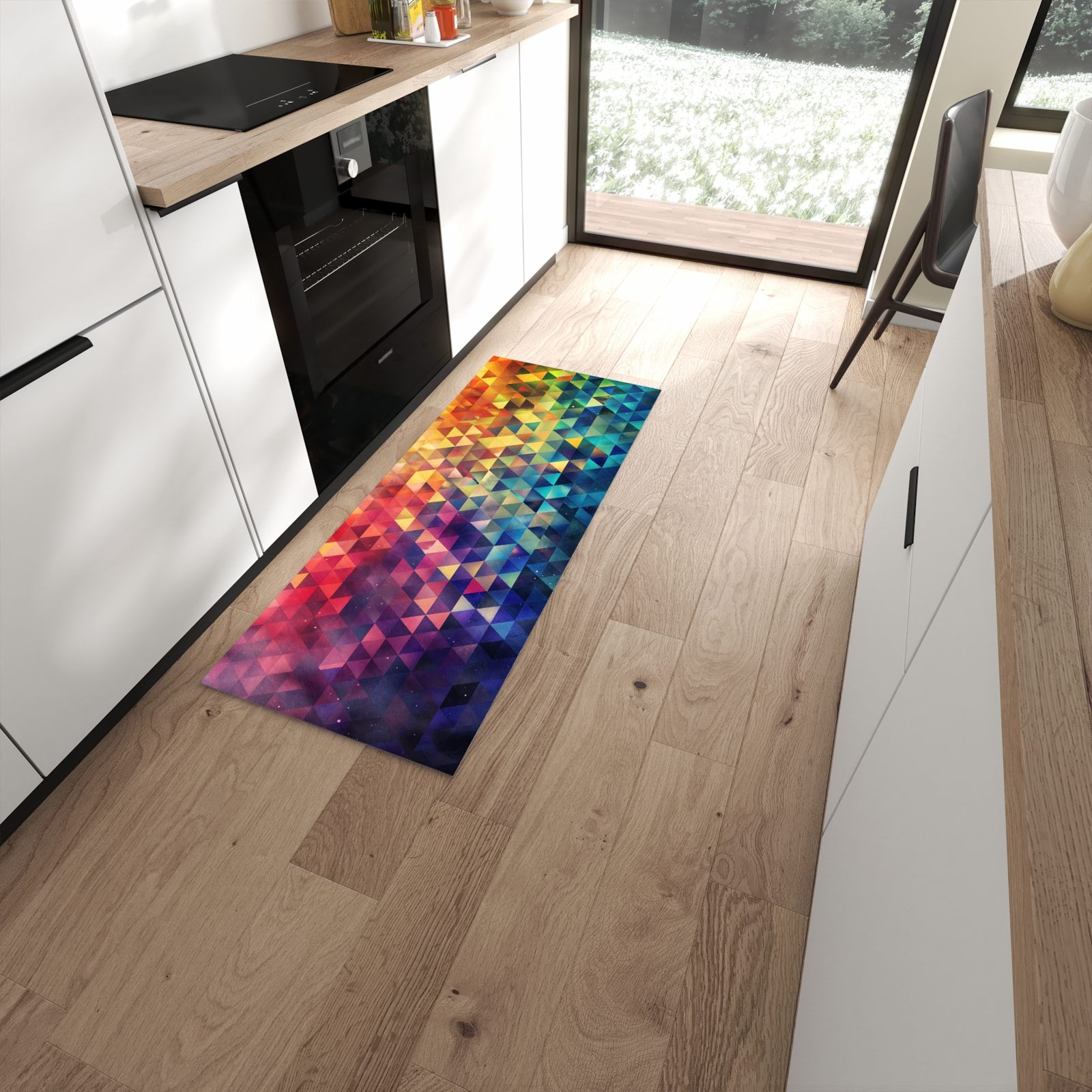 Rutschfester Küchenläufer mit Motiv Bunte Dreiecke in moderner Küche #grösse_60 x 150 cm