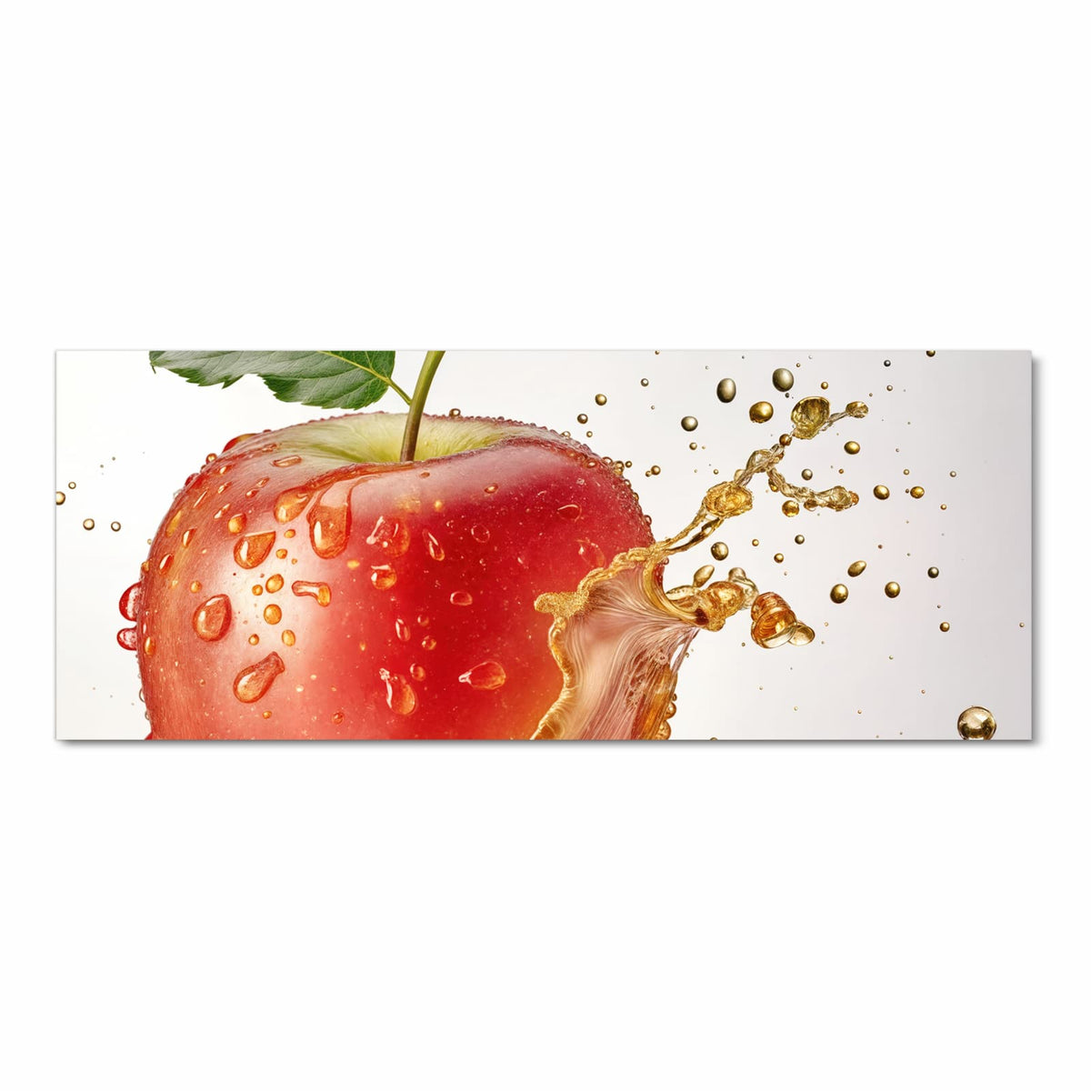 Roter Apfel mit Blatt in einem goldgelben Saftspritzer