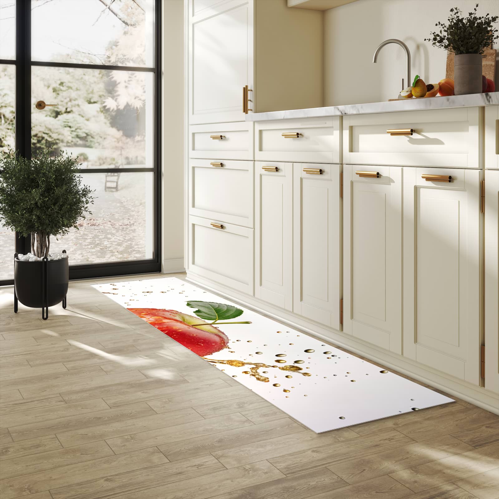 Rutschhemmender Küchenläufer mit Motiv Spritziger Apfel in heller Küche