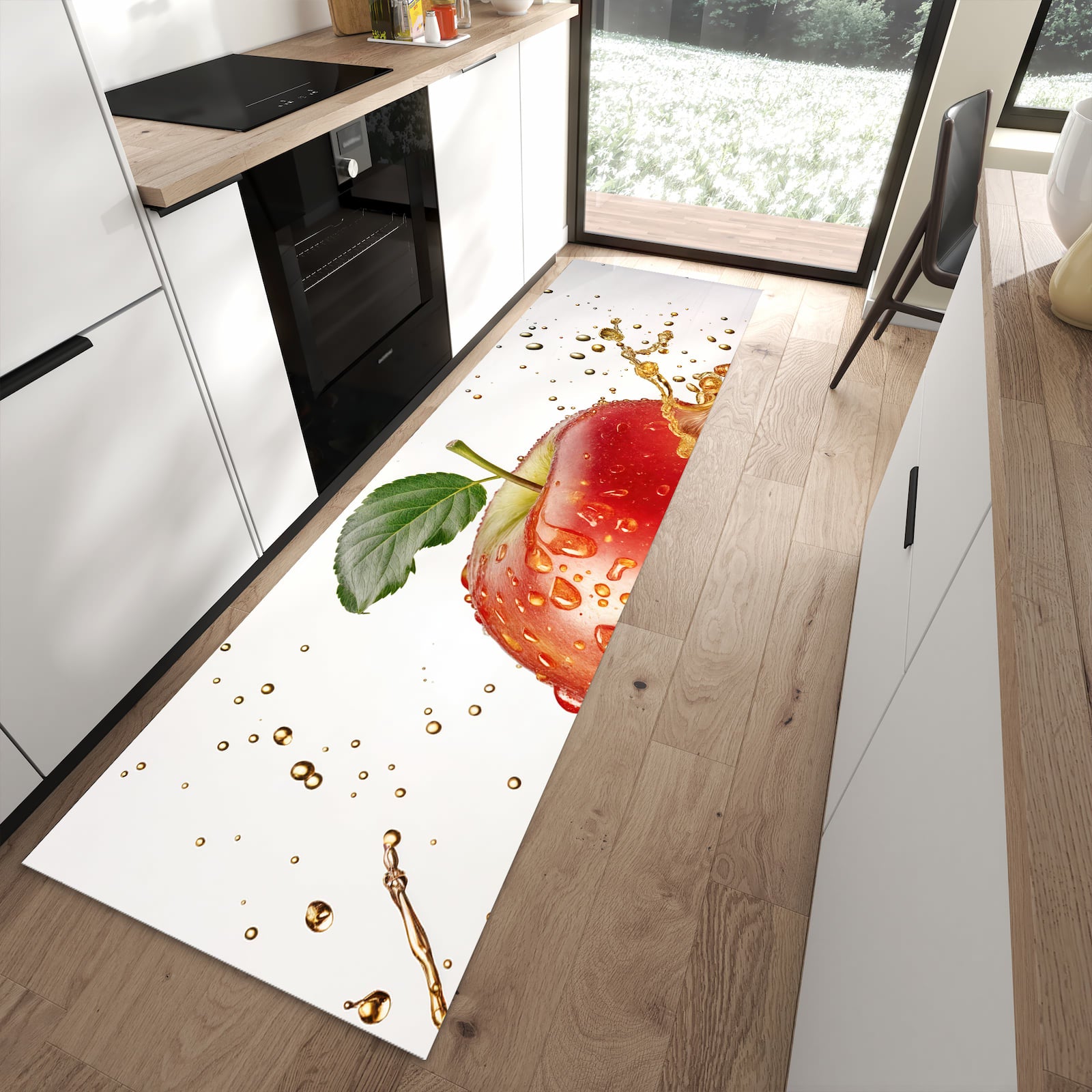 Küchenteppich mit Motiv Spritziger Apfel für angenehme Haptik in moderner Küche
