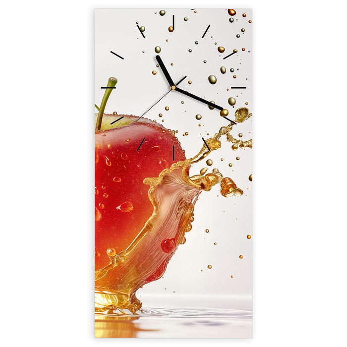 Wanduhr Spritziger Apfel aus Glas – Hochformat 30 × 60 cm mit Ziffernblatt Linie