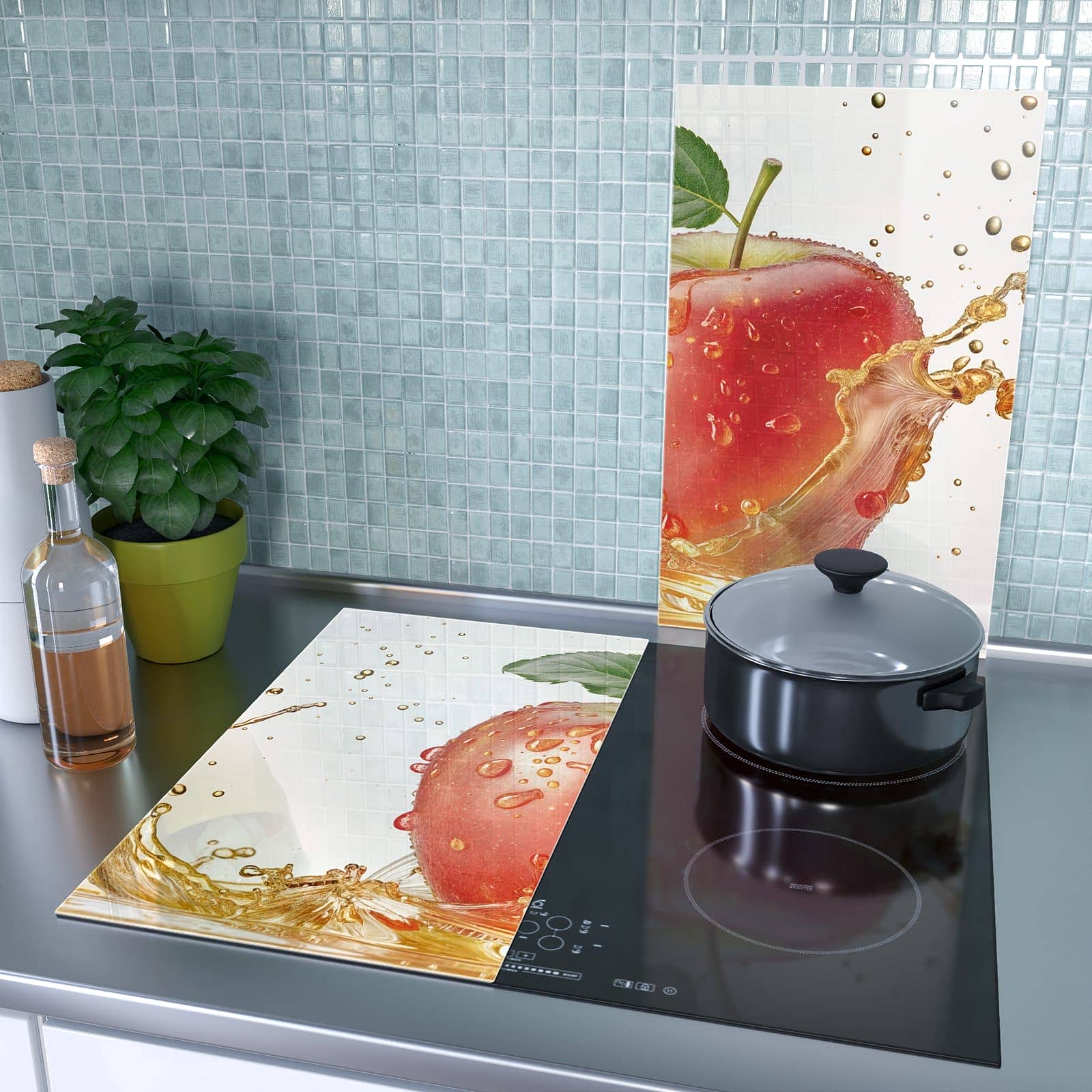 2-teilige Abdeckplatte für Ceranfeld mit Spritziger Apfel-Motiv als Spritzschutz hinter dem Kochfeld