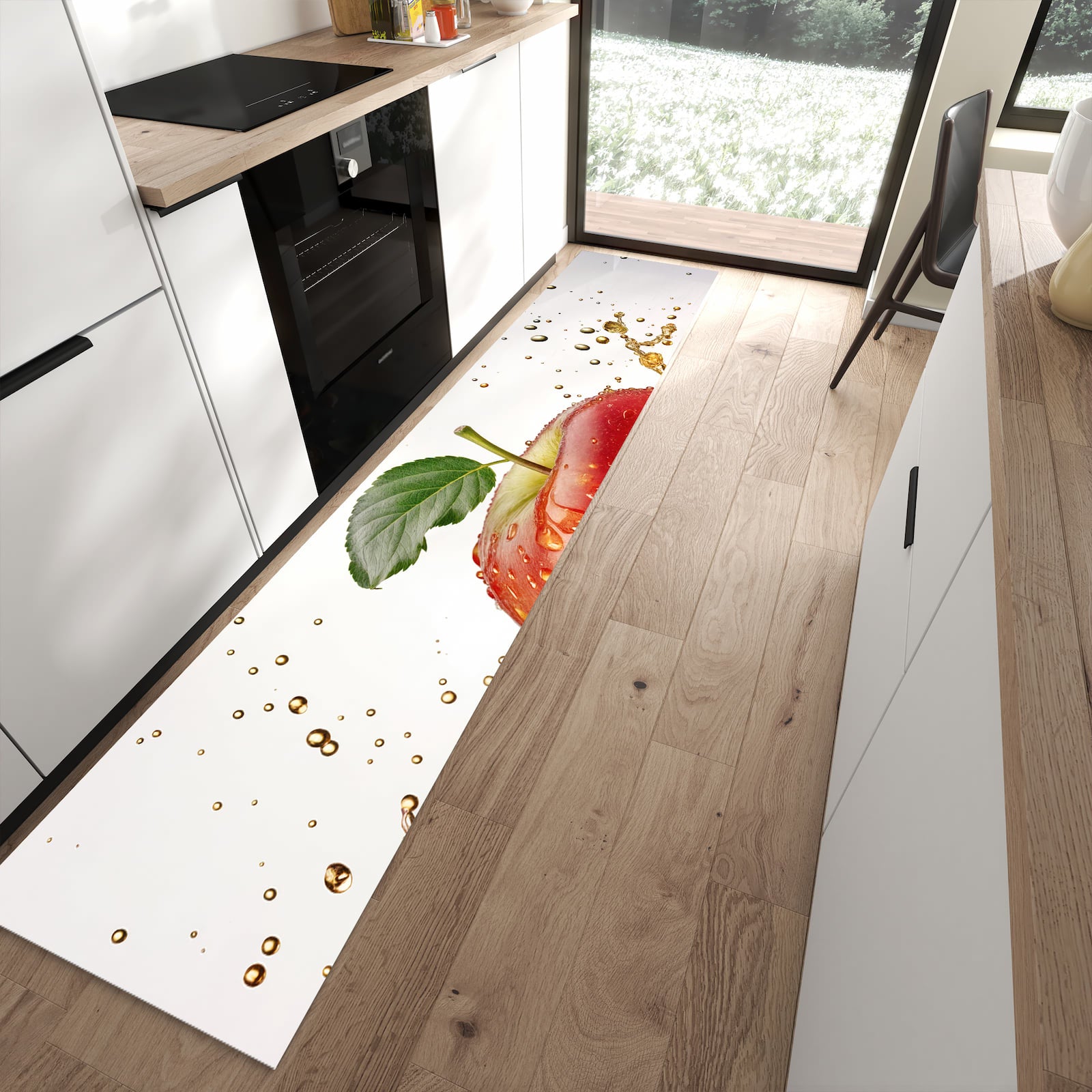 Pflegeleichter waschbarer Küchenteppich mit Motiv Spritziger Apfel in moderner Küche