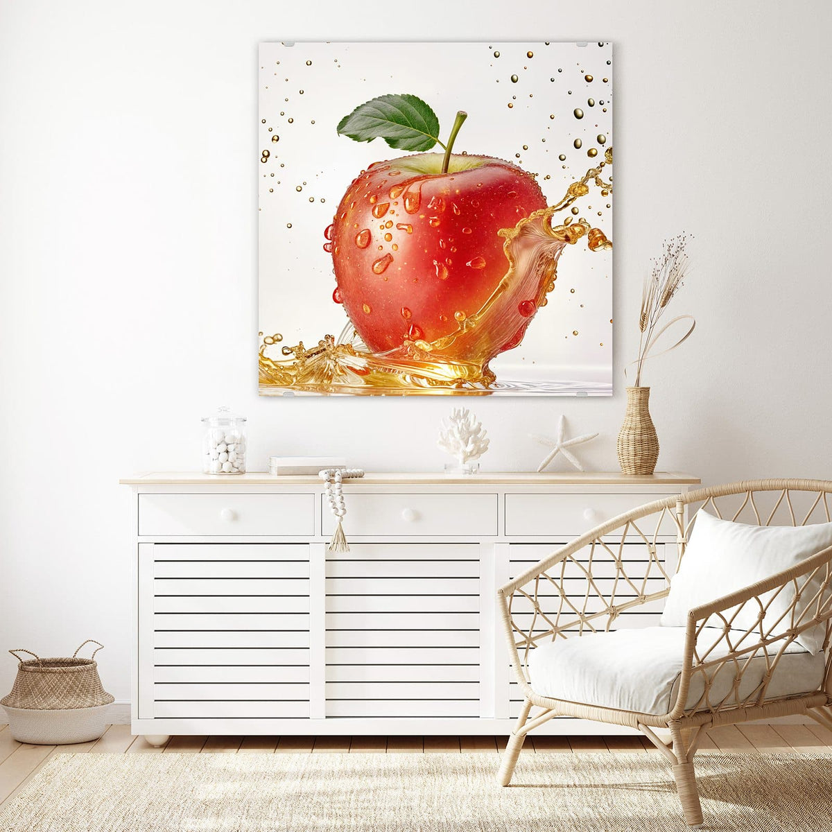 Glasbild Apfel mit Goldspritzer an der Wand – Roter Apfel mit Blatt in einem goldgelben Saftspritzer