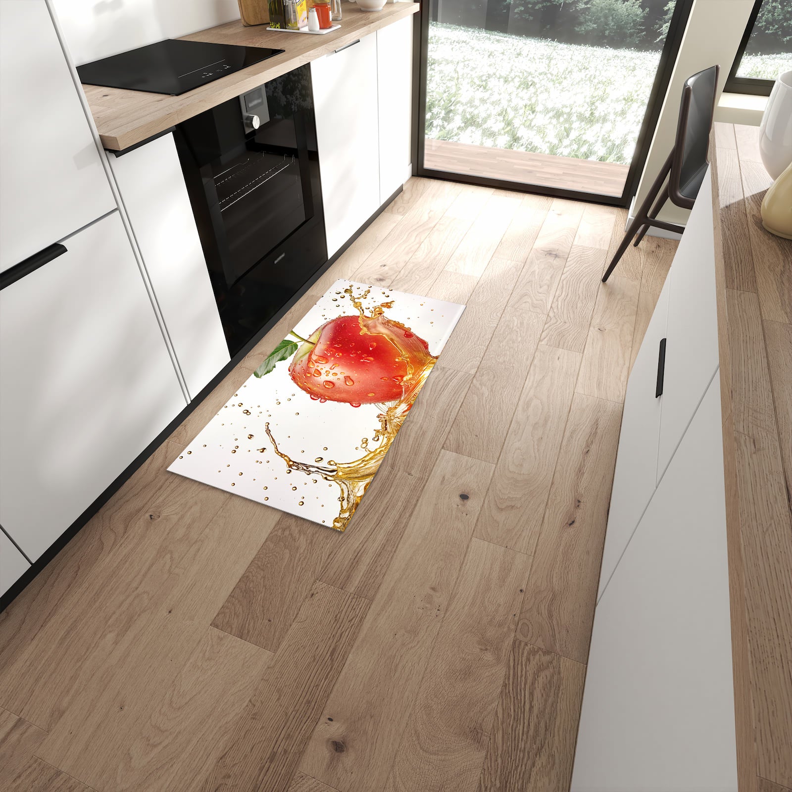 Fleckenresistenter waschbarer Küchenteppich mit Motiv Spritziger Apfel in moderner Küche #grösse_60 x 120 cm