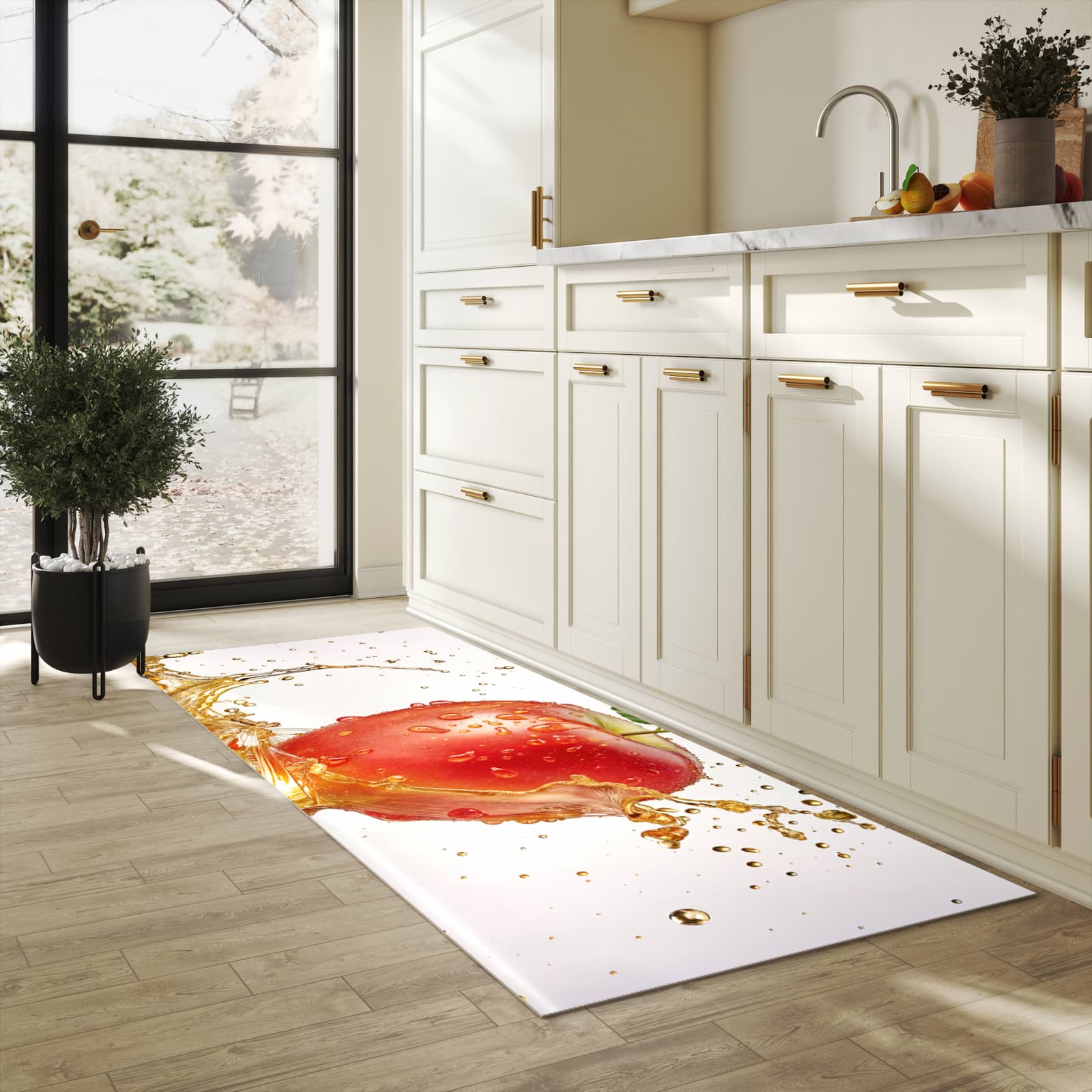 Feuchtigkeitsresistenter Küchenteppich mit Motiv Spritziger Apfel in heller Küche