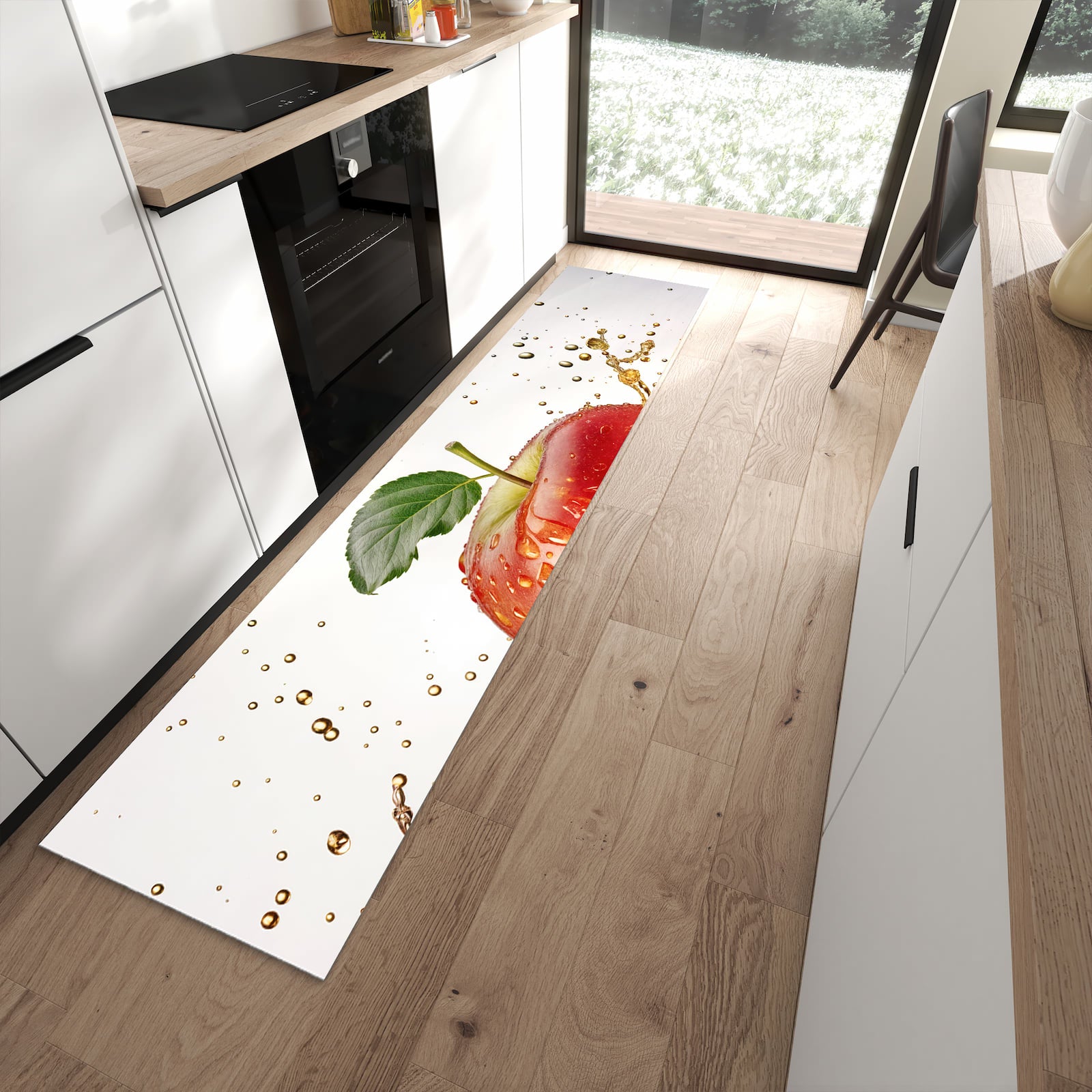 Flacher Küchenteppich mit Motiv Spritziger Apfel in moderner Küche - waschbar